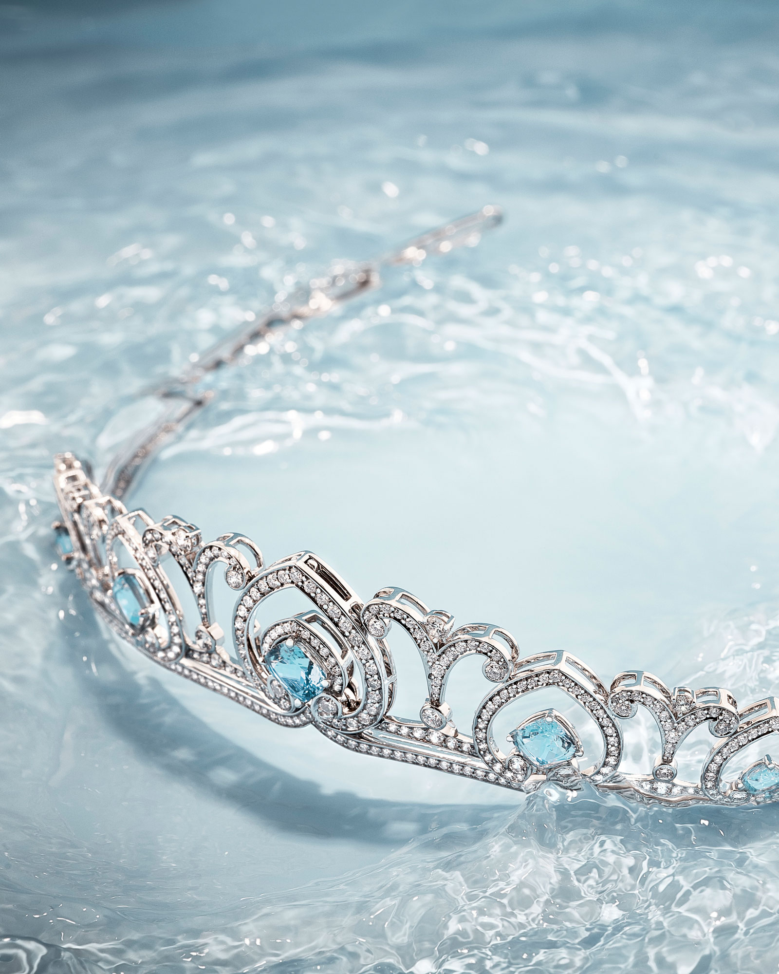 Close up of a Garrard High Jewellery Diamond and Aquamarine Tiara portrait