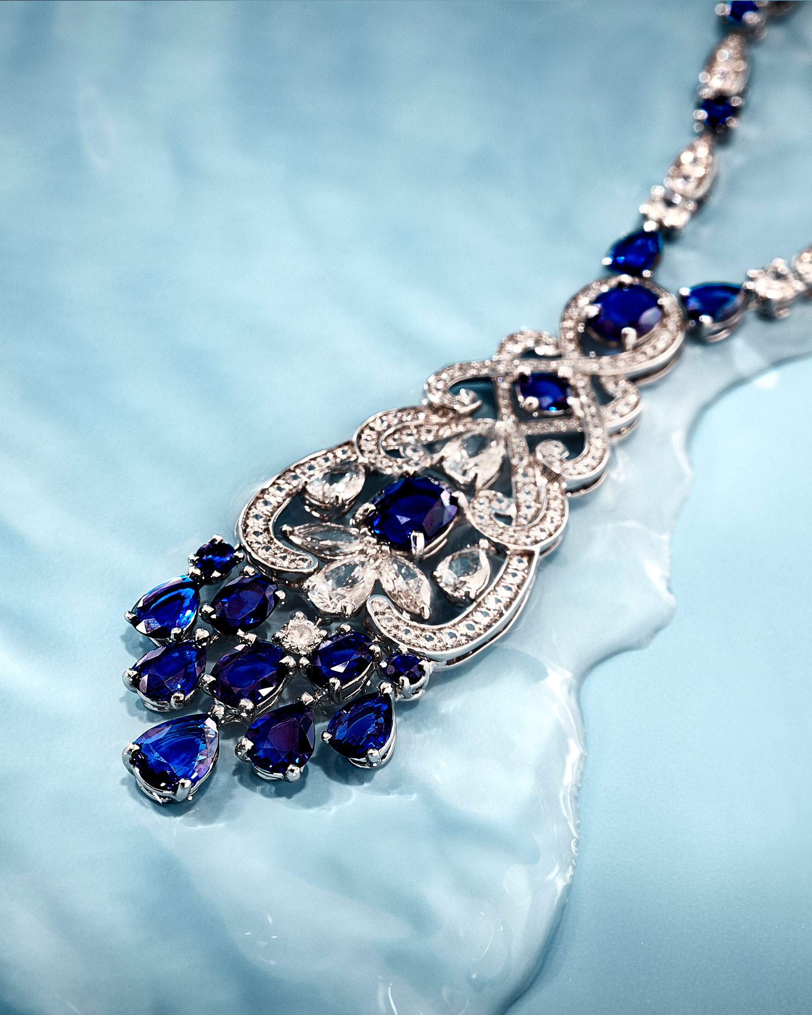 Close up of the Garrard Regal Cascade High Jewellery Sapphire and Diamond Necklace In 18ct White Gold portrait