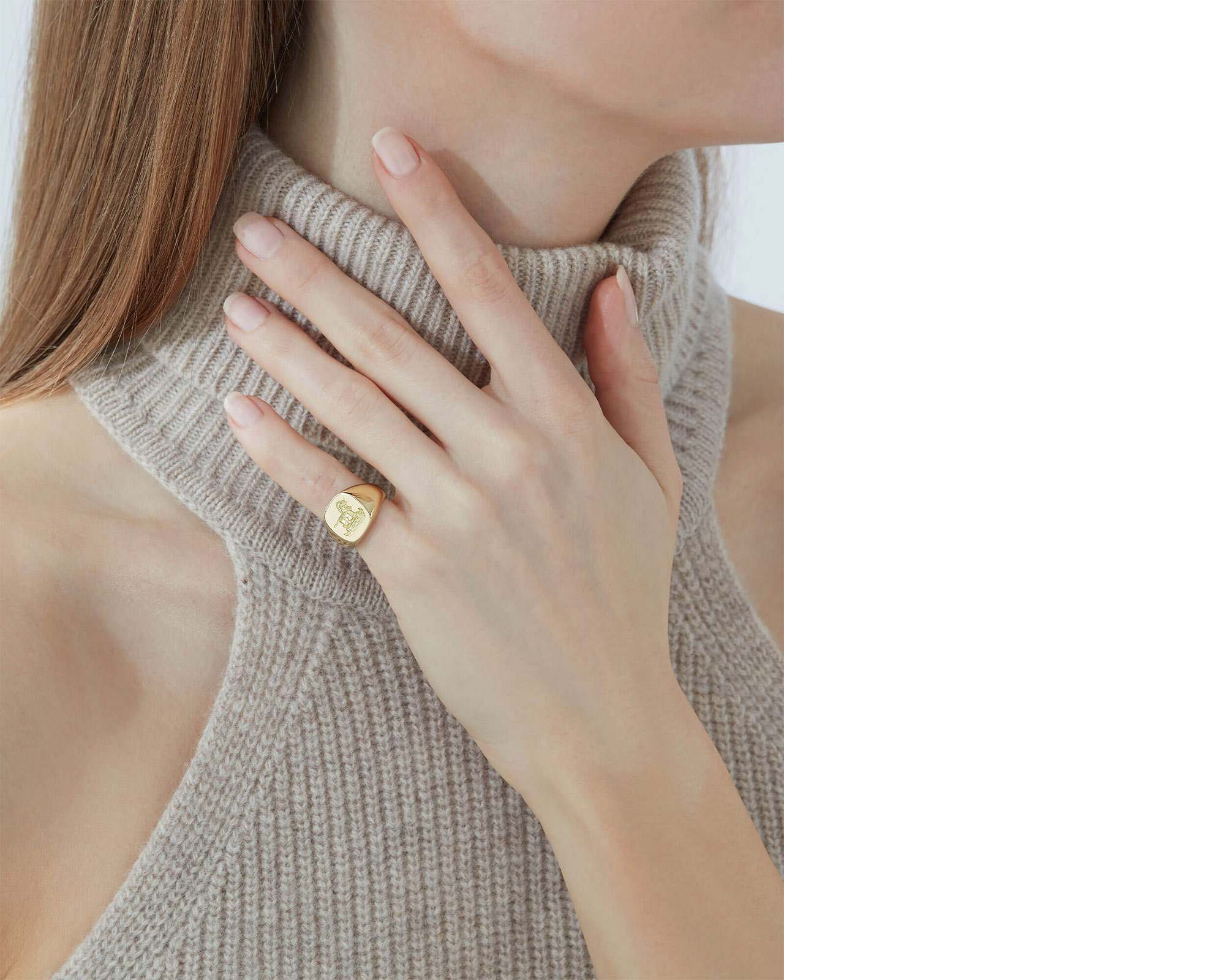 Yellow Gold Engraved Signet Ring jewellery Garrard on female model 2 with padding R