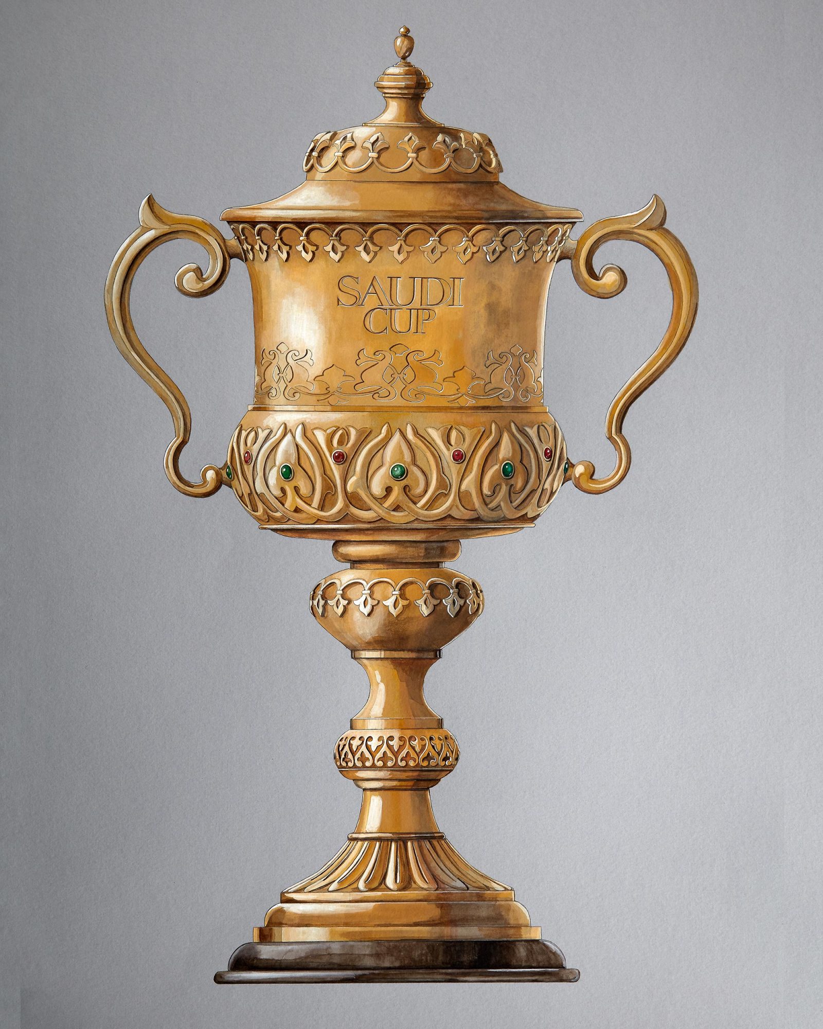 a gouache colour painting of the Garrard Gold Saudi Cup