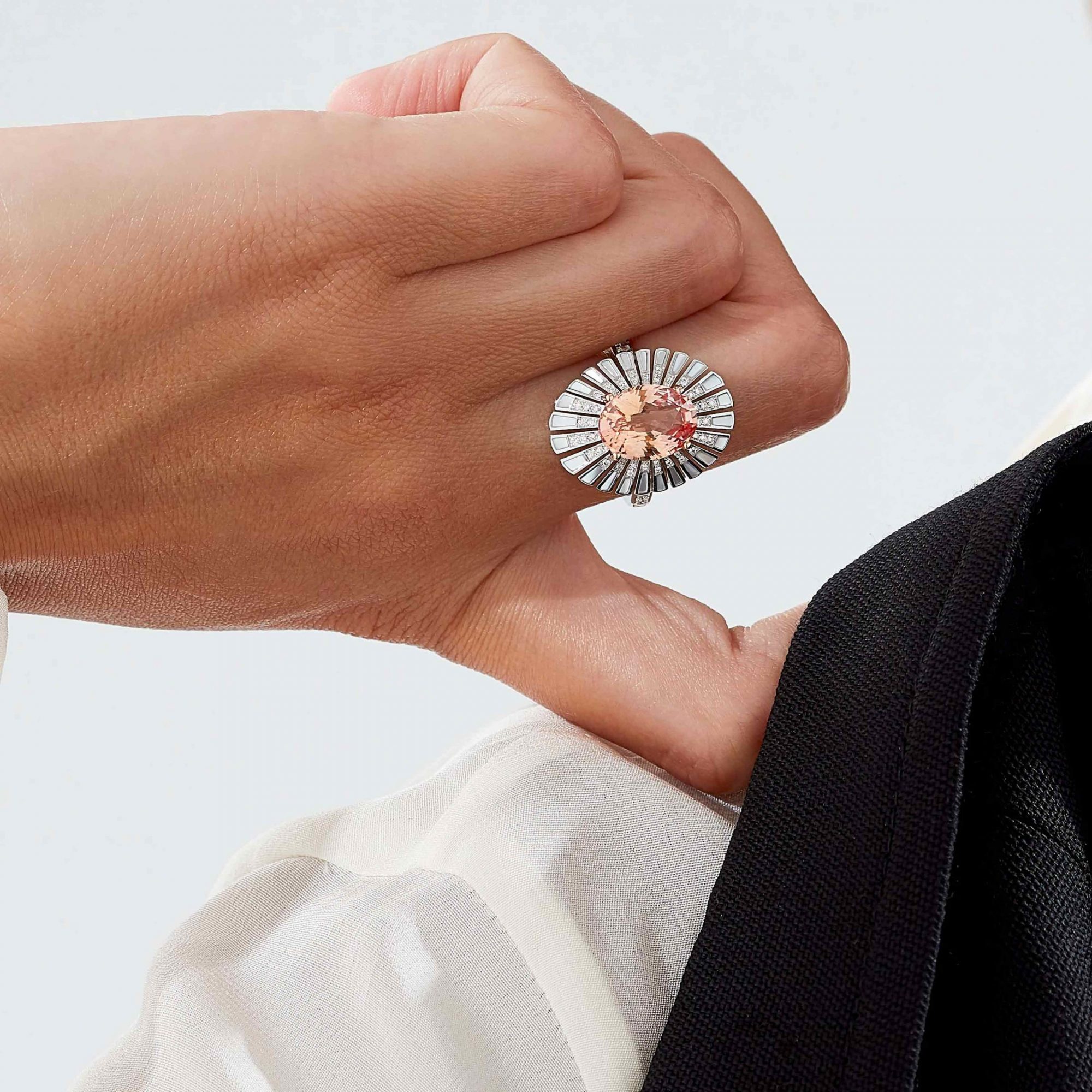 Garrard Jewelled Vault 5.44ct Oval Sri Lankan Padparadscha Sapphire Cocktail Ring In 18ct White and Rose Gold with Diamonds and Mother of Pearl, 2017600, On Model
