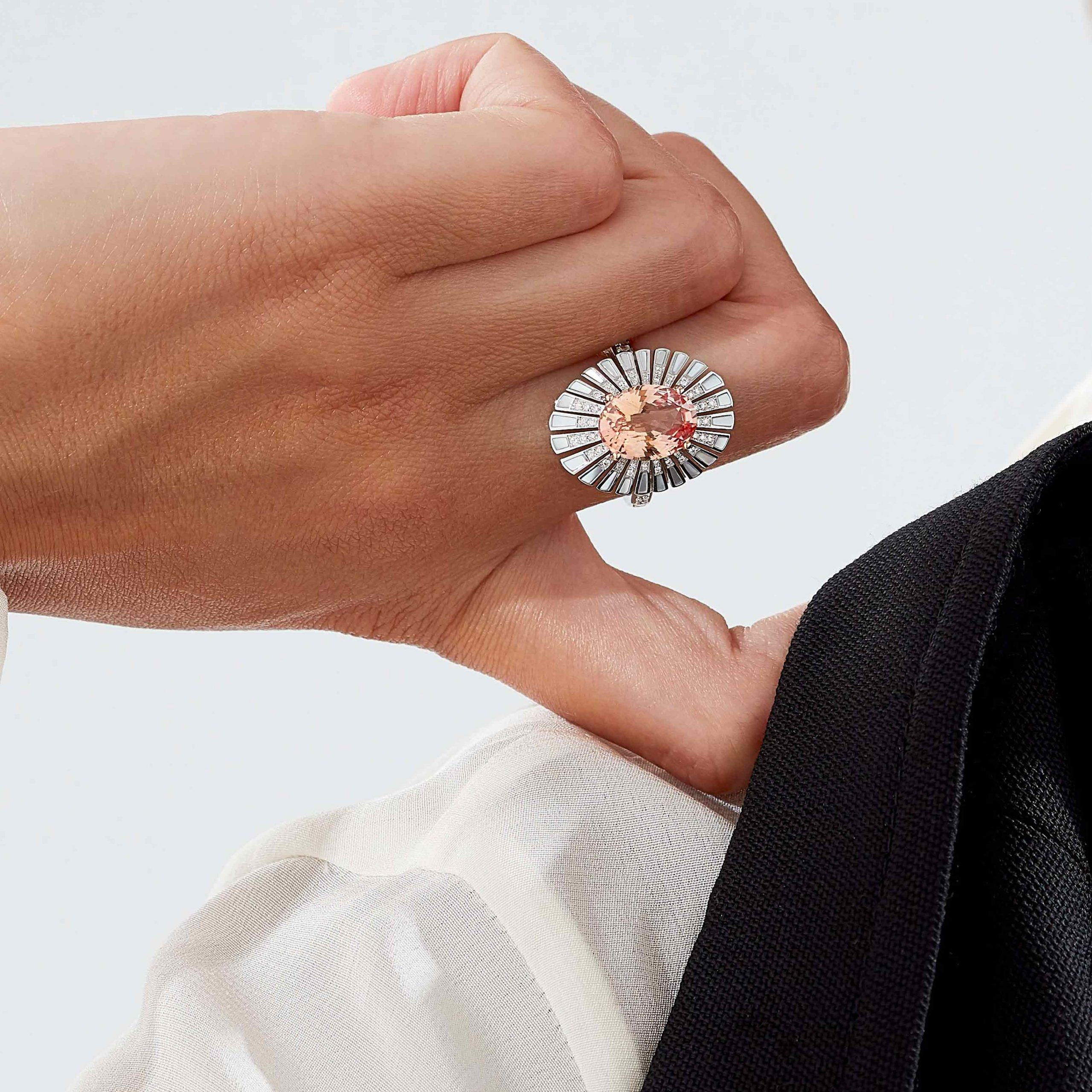 GAA0D51 Garrard Jewelled Vault 5.44ct Oval Sri Lankan Padparadscha Sapphire Cocktail Ring In 18ct White and Rose Gold with Diamonds and Mother of Pearl, 2017600, On Model