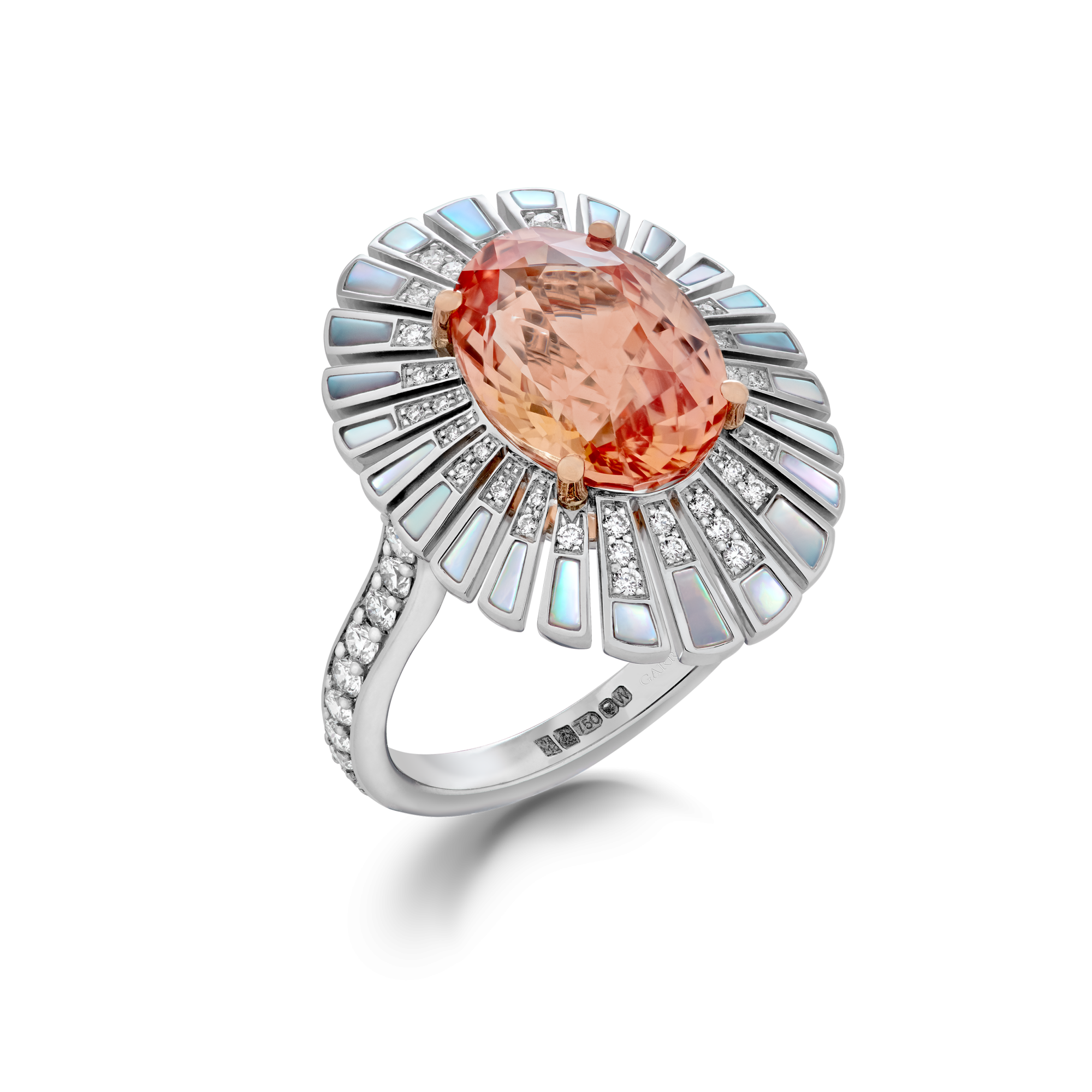 Garrard Jewelled Vault 5.44ct Oval Sri Lankan Padparadscha Sapphire Cocktail Ring In 18ct White and Rose Gold with Diamonds and Mother of Pearl, 2017600, Hero