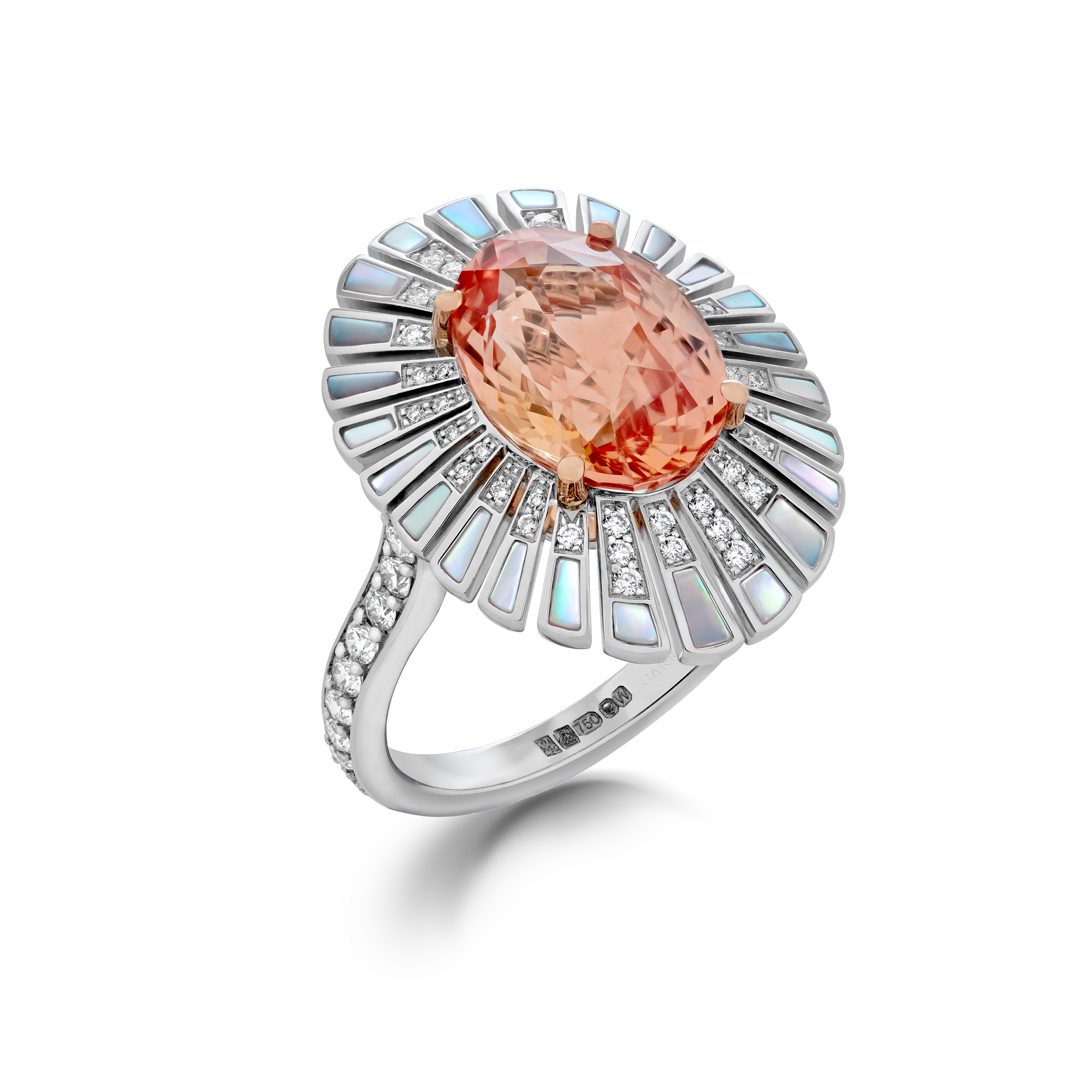 GAF01C1 Garrard Jewelled Vault 5.44ct Oval Sri Lankan Padparadscha Sapphire Cocktail Ring In 18ct White and Rose Gold with Diamonds and Mother of Pearl, 2017600, Hero