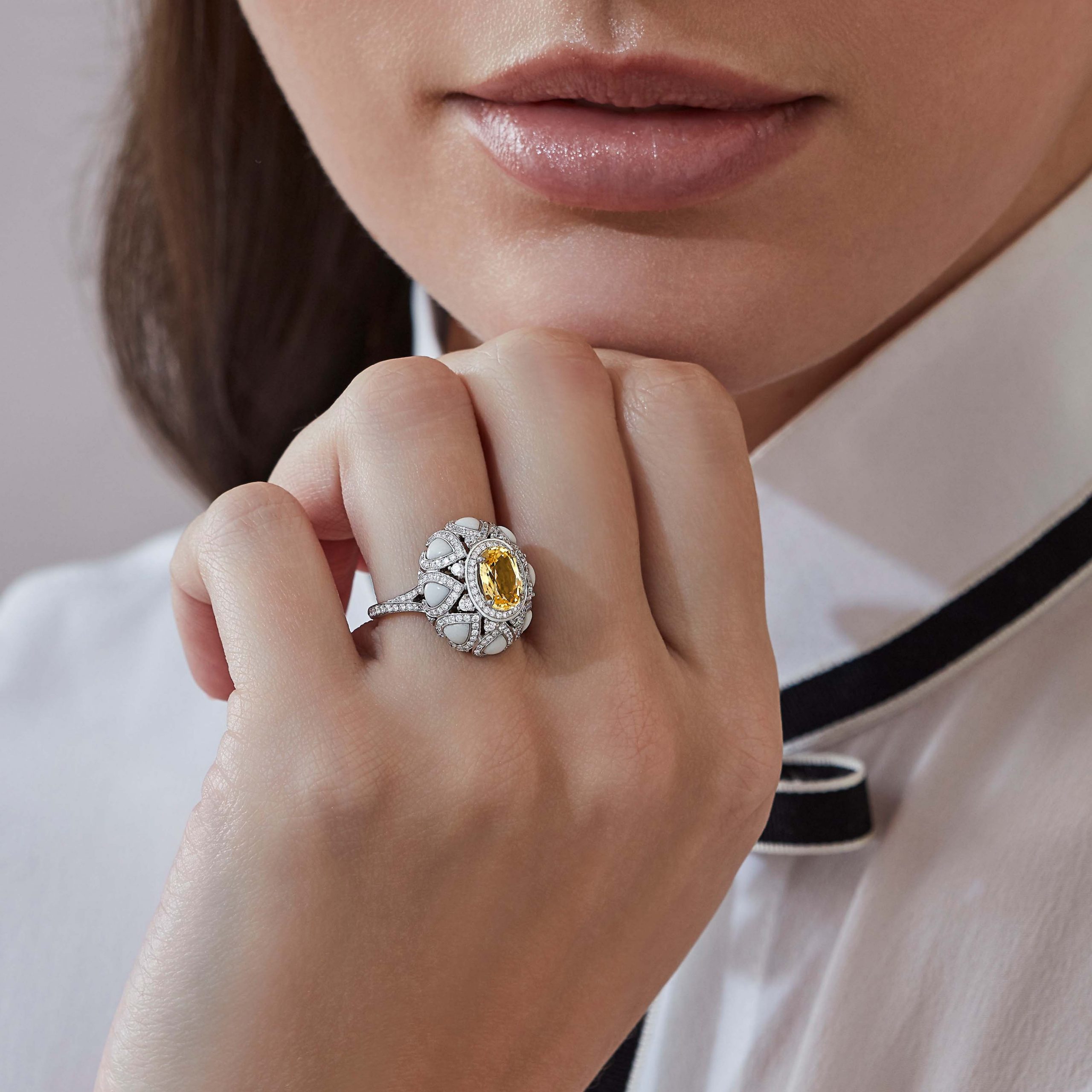 Garrard Aloria Collection yellow sapphire cocktail ring in 18ct white gold with diamonds and cacholong Opal 2017145 On Model Garrard Aloria Collection yellow sapphire cocktail ring in 18ct white gold with diamonds and cacholong Opal 2017145 On Model