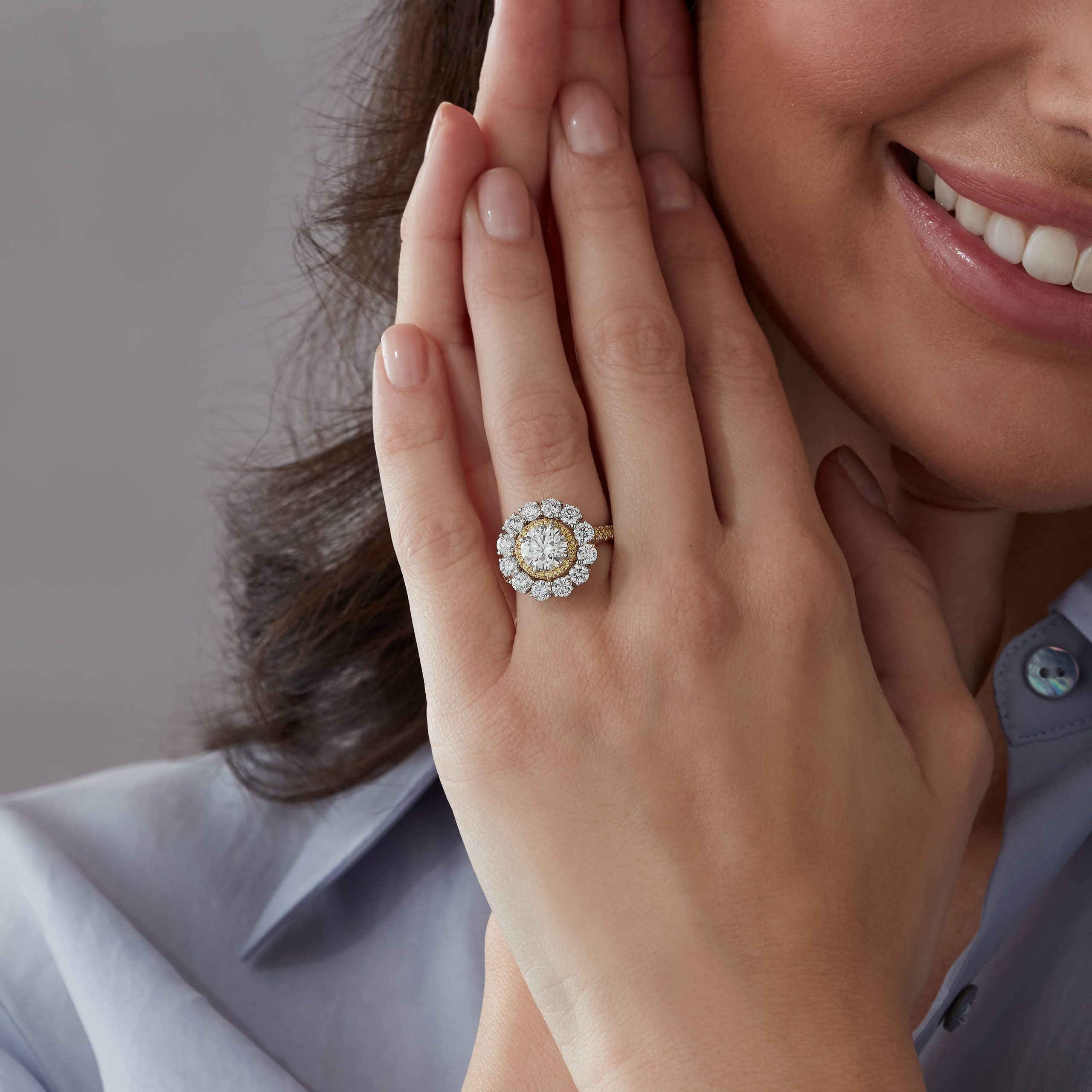 Garrard Bridal Harmony Round Diamond Double Cluster Engagement Ring In 18 ct Yellow Gold JRHAMG01 2017568 on model Garrard Bridal Harmony Round Diamond Double Cluster Engagement Ring In 18 ct Yellow Gold JRHAMG01 2017568 on model