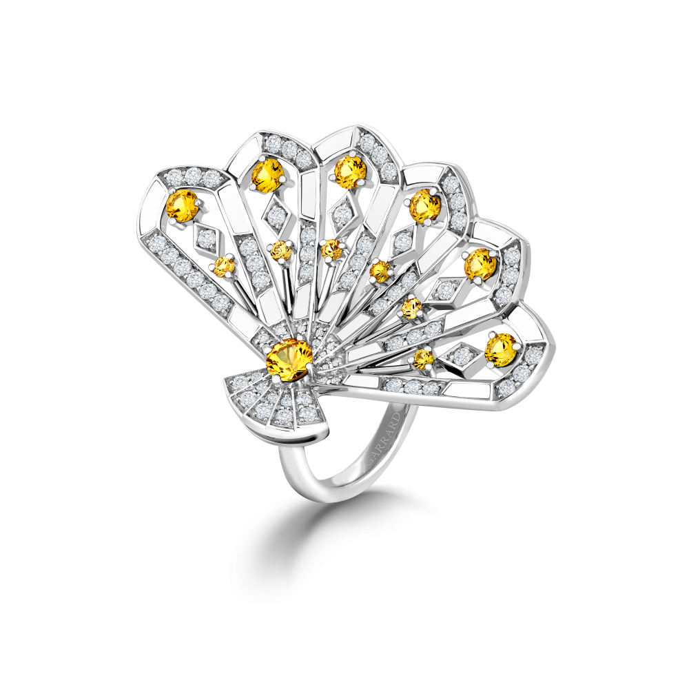 Garrard Fanfare Symphony collection Diamond and Yellow Sapphire Ring in 18ct White Gold with White Agate 2017362 Hero View