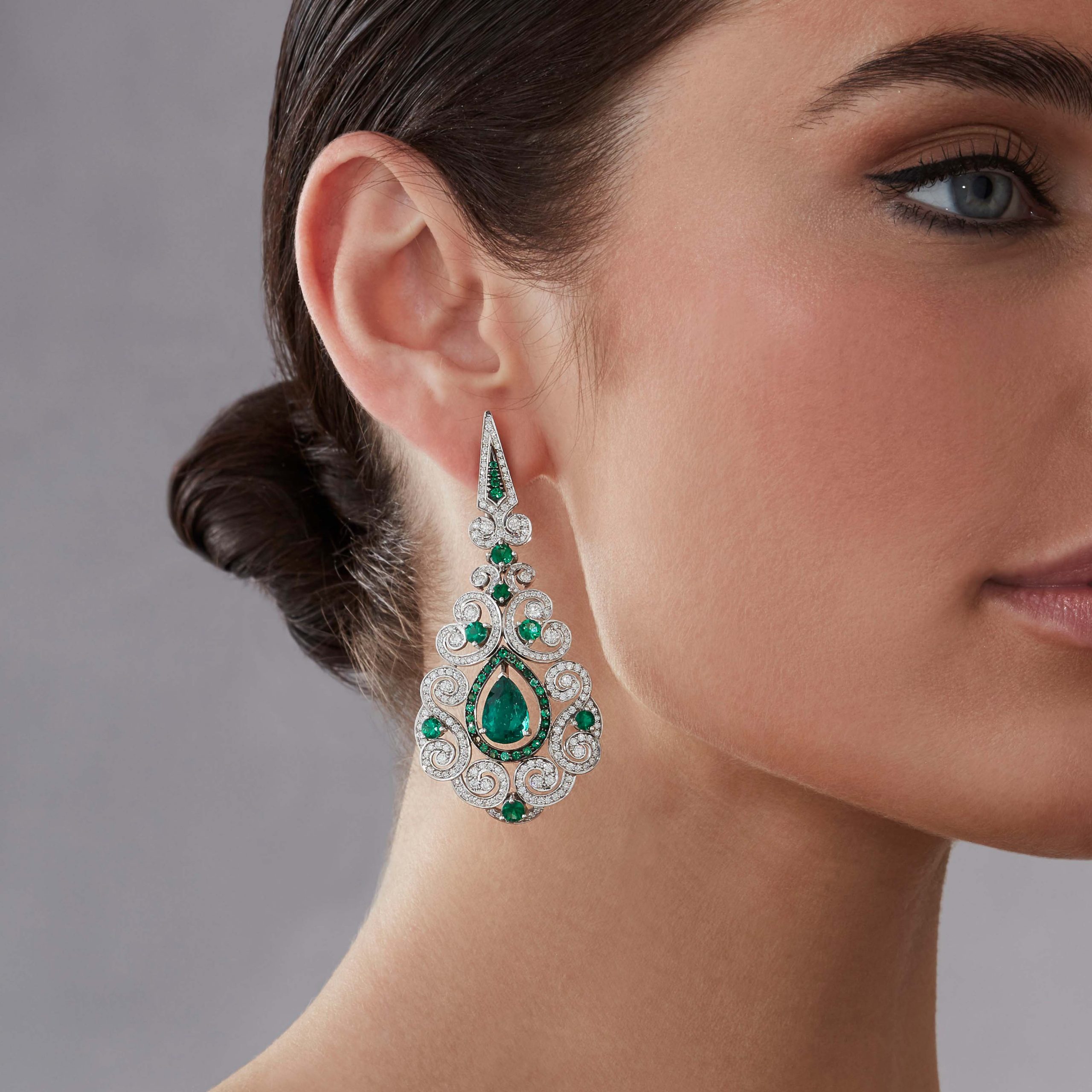 Garrard Jewelled Vault Emerald and Diamond High Jewellery Earrings In 18 Carat White Gold 2016276 On Model Garrard Jewelled Vault Emerald and Diamond High Jewellery Earrings In 18 Carat White Gold 2016276 On Model