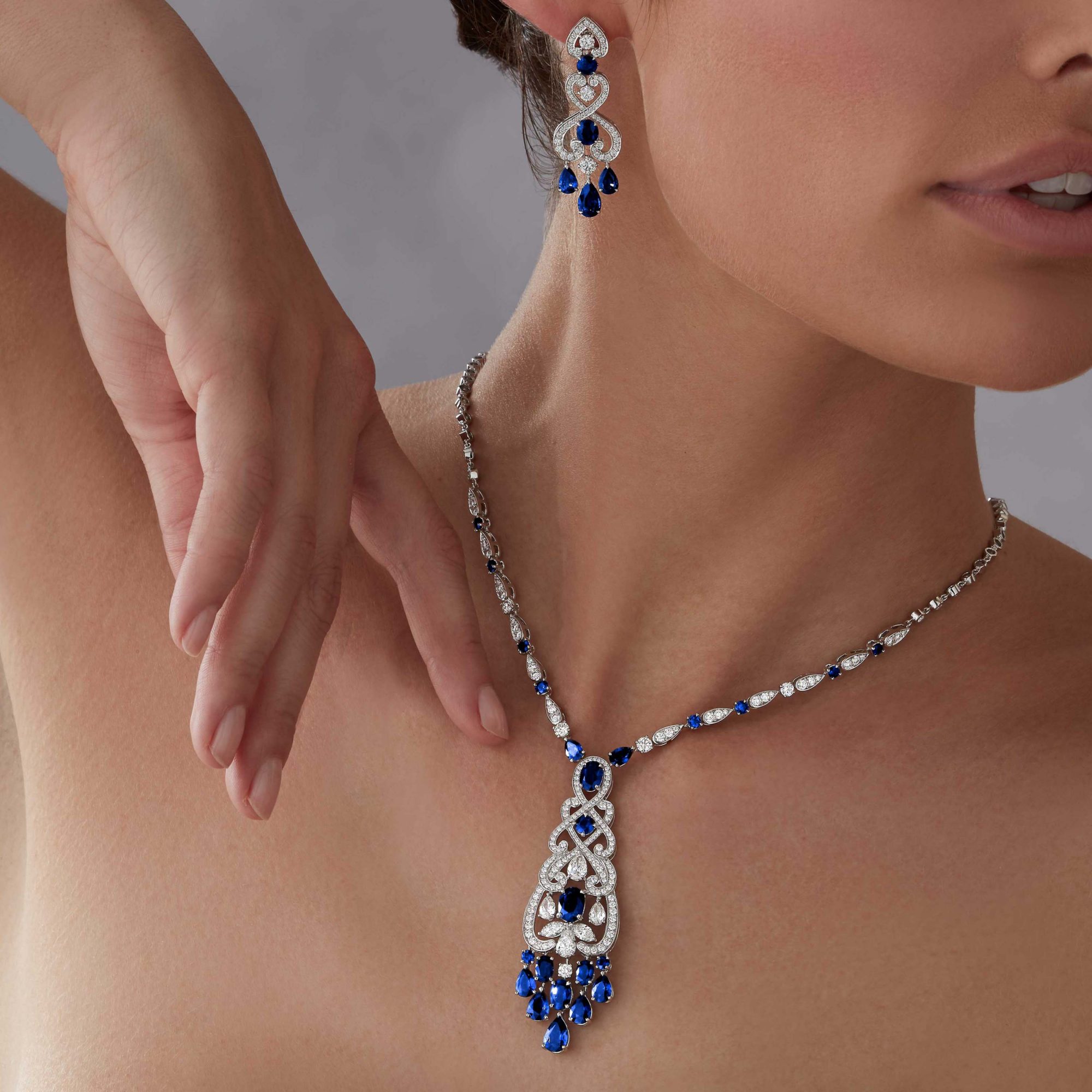 Garrard Regal Cascade High Jewellery Sapphire and Diamond Necklace In 18ct White Gold 2016679 and earrings 2015734 on model