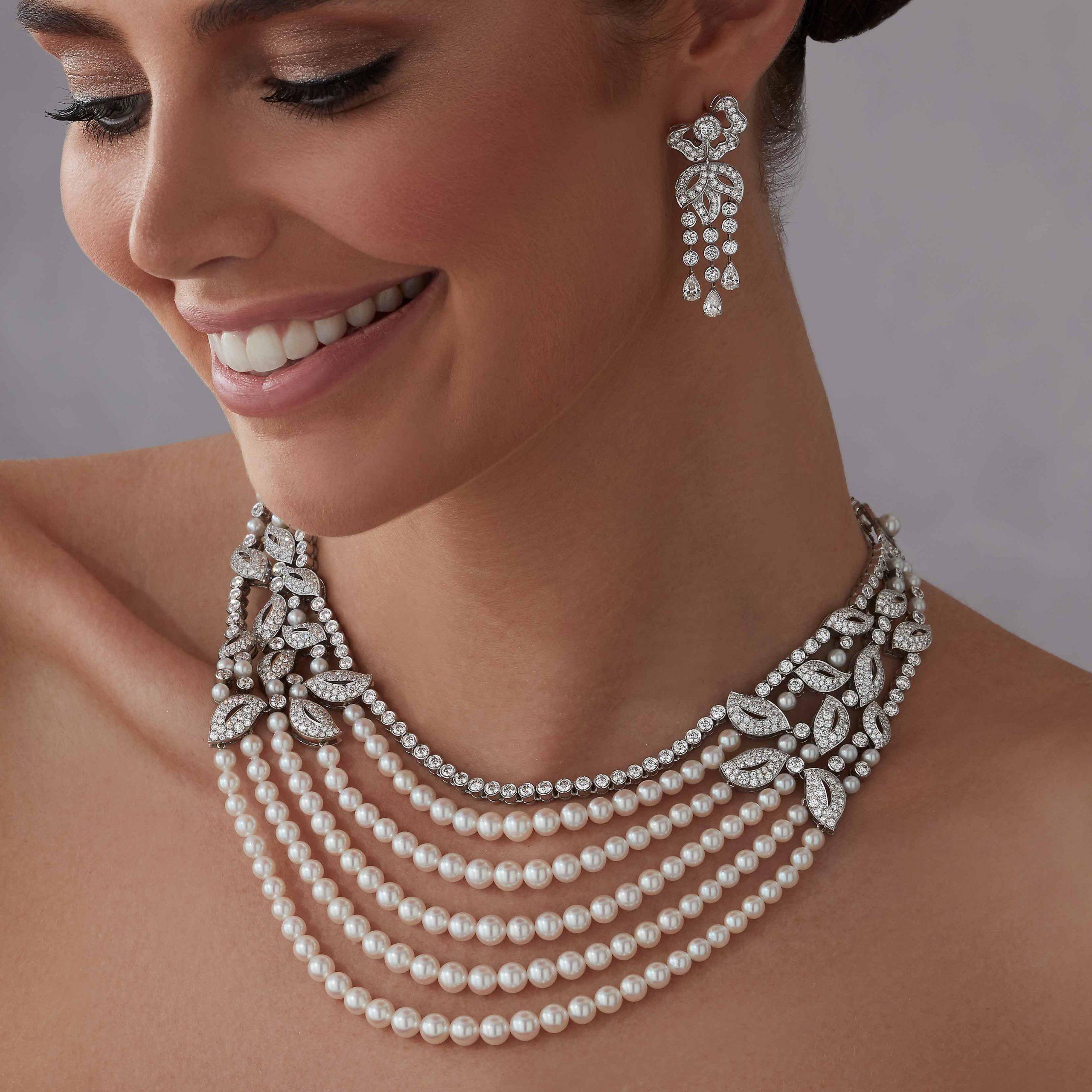 Garrard Rose Garden High Jewellery Pearl and Diamond Necklace In 18ct White Gold 2012589 and earrings 2016680 on model Garrard Rose Garden High Jewellery Pearl and Diamond Necklace In 18ct White Gold 2012589 and earrings 2016680 on model