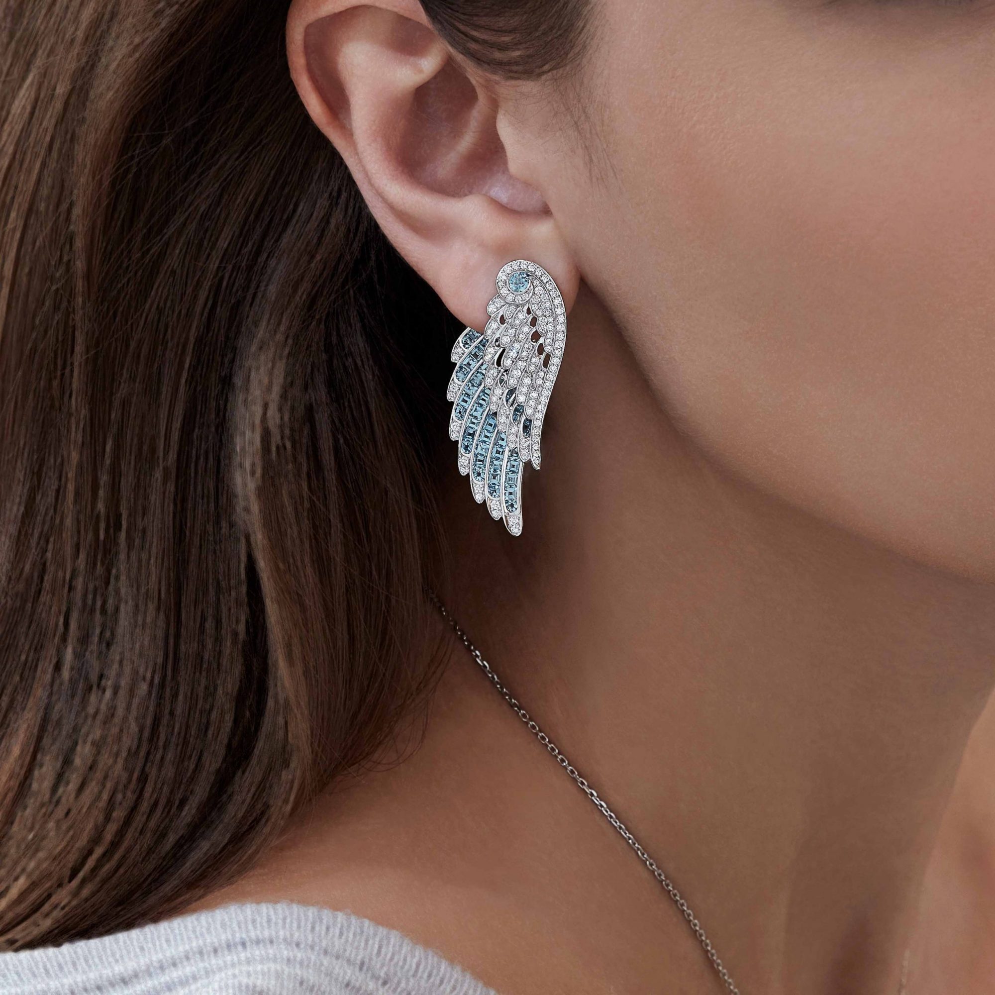 Garrard Wings Embrace jewellery collection Aquamarine and Diamond Ear Jackets In 18ct White 2016577 On Model