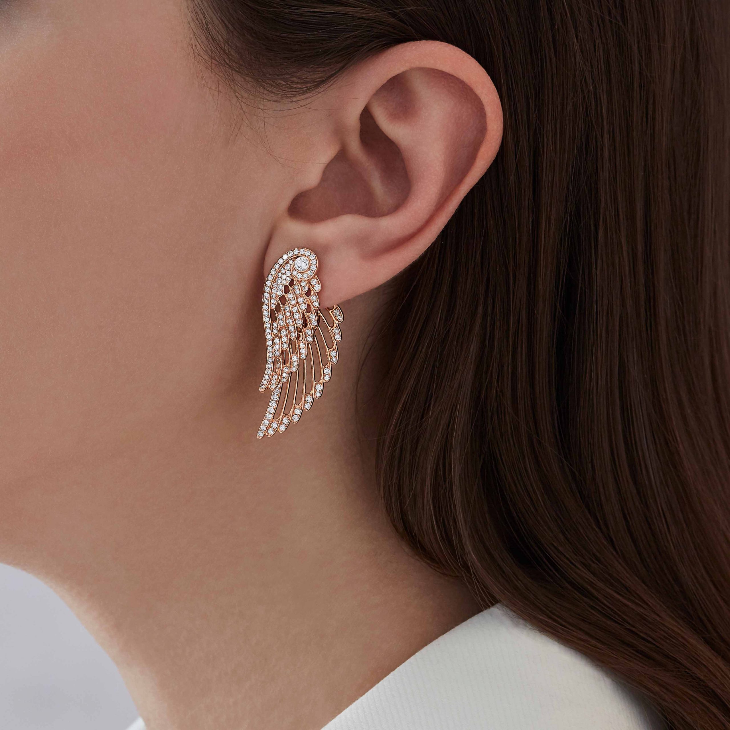 Garrard Wings Embrace jewellery collection Diamond Ear Jackets In 18ct Rose Gold 2015904 On Model Garrard Wings Embrace jewellery collection Diamond Ear Jackets In 18ct Rose Gold 2015904 On Model