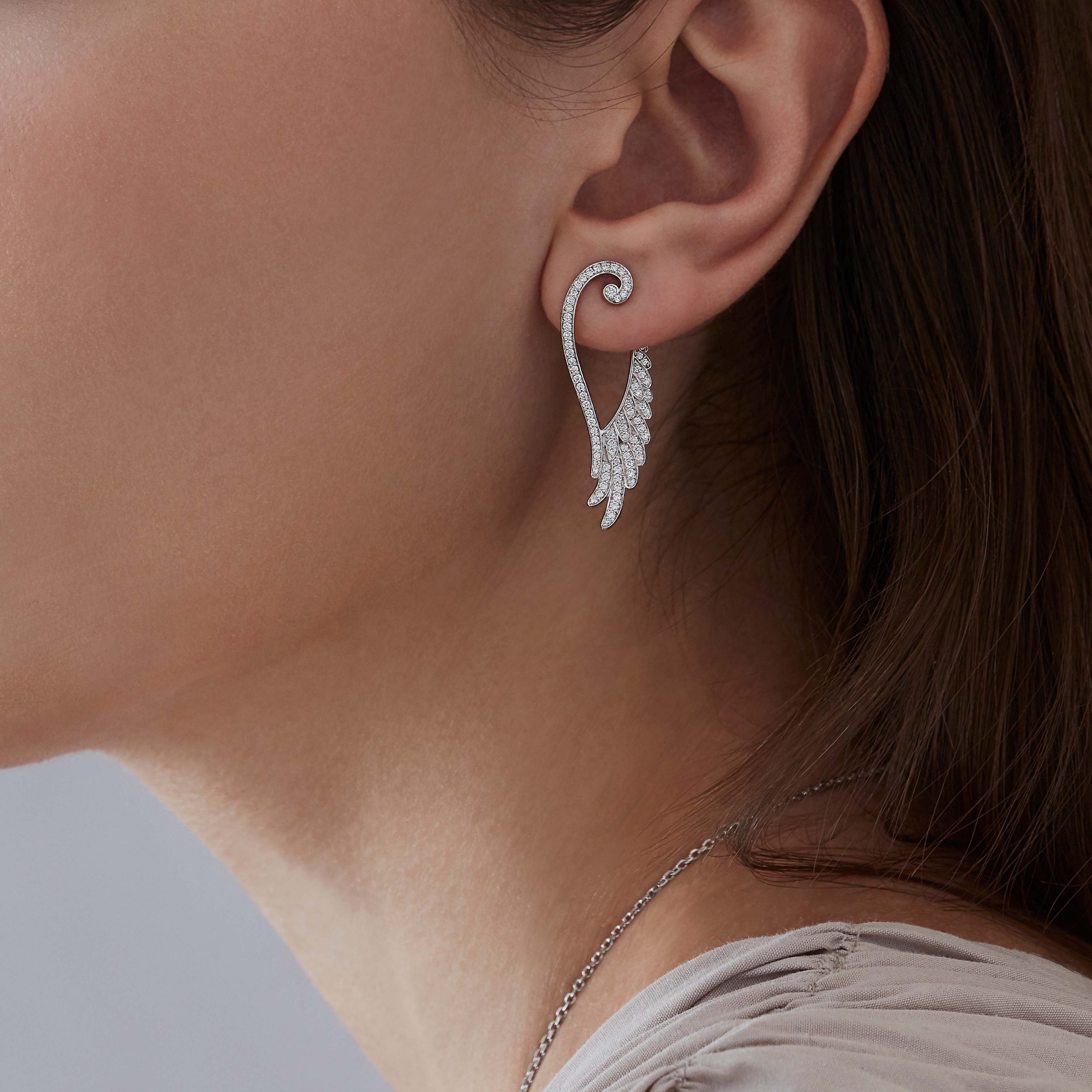 Garrard Wings Embrace jewellery collection Wings Embrace Diamond Drop Earrings In 18ct White Gold 2015752 On Model Garrard Wings Embrace jewellery collection Wings Embrace Diamond Drop Earrings In 18ct White Gold 2015752 On Model