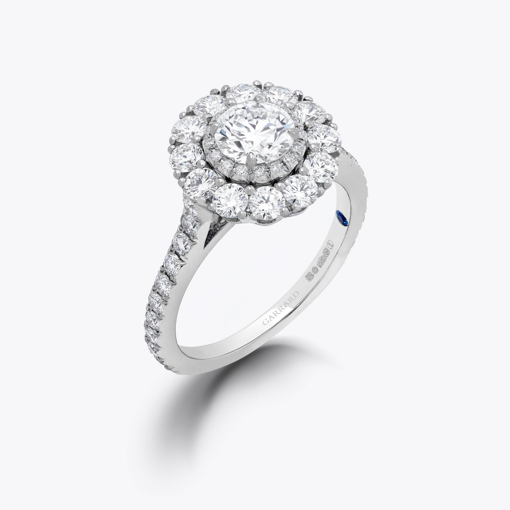 The Garrard Harmony Round Brilliant Diamond Double Cluster Engagement Ring In Platinum with Diamonds 1x1 1