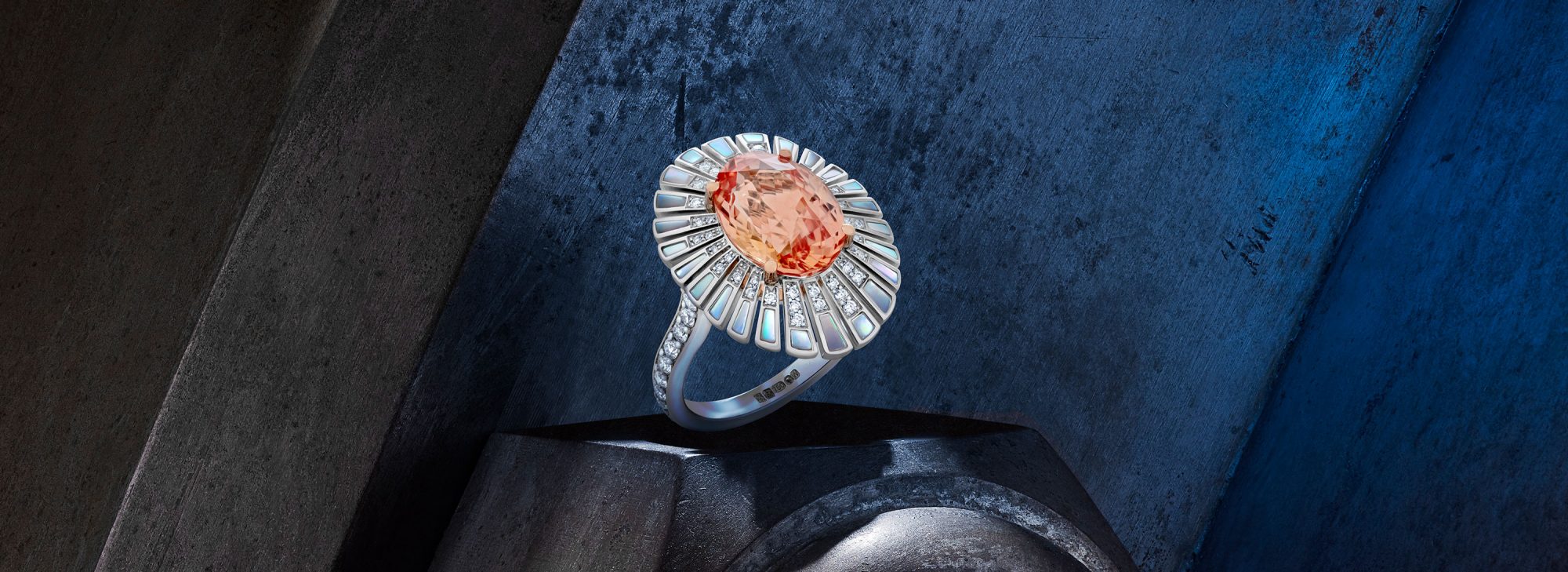 The Garrard Jewelled Vault 5.44ct Oval Sri Lankan Padparadscha Sapphire Cocktail Ring In 18ct White and Rose Gold with Diamonds and Mother of Pearl