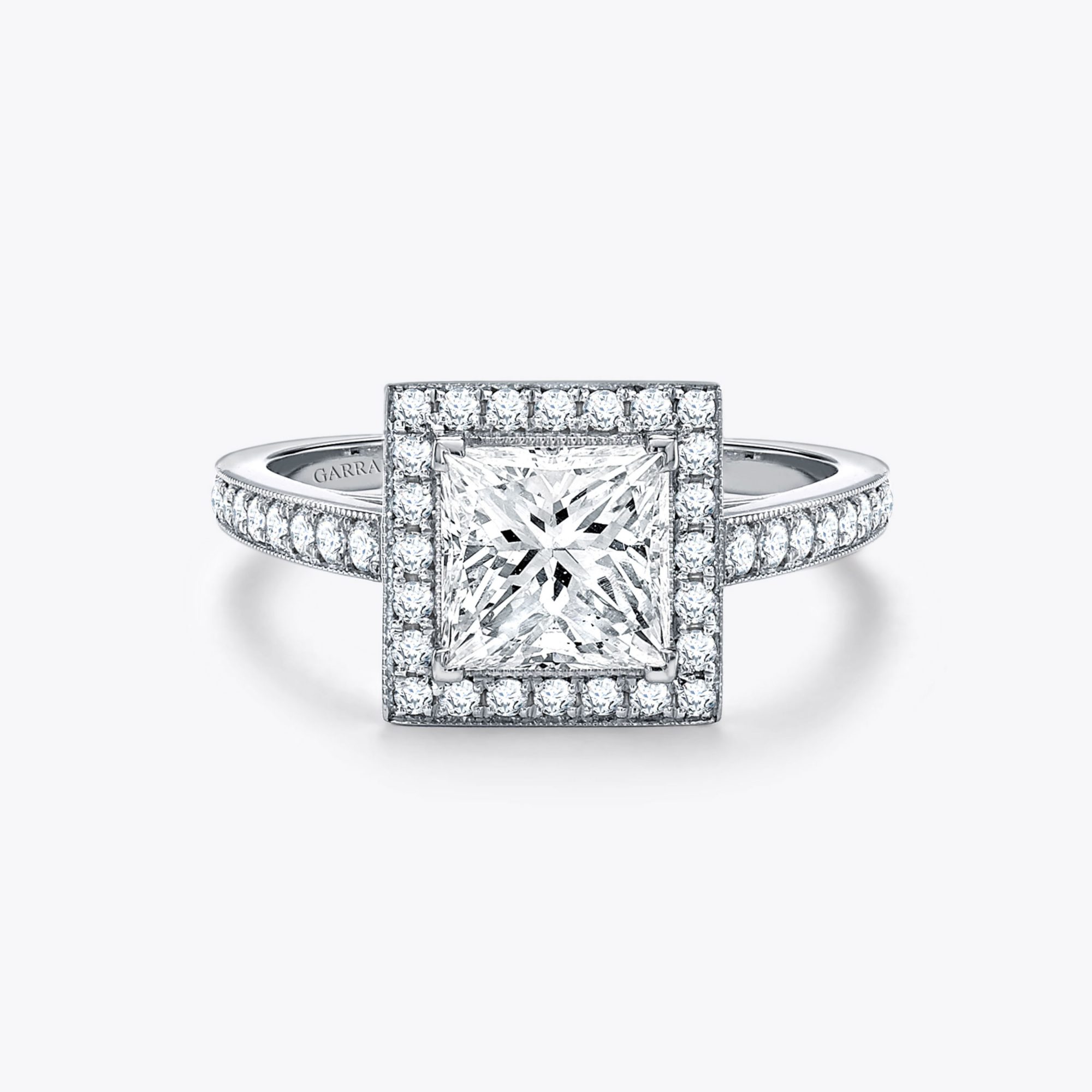 The Garrarf Evermore Princess Cut Diamond Halo Engagement Ring In Platinum with Diamonds 1x1 1