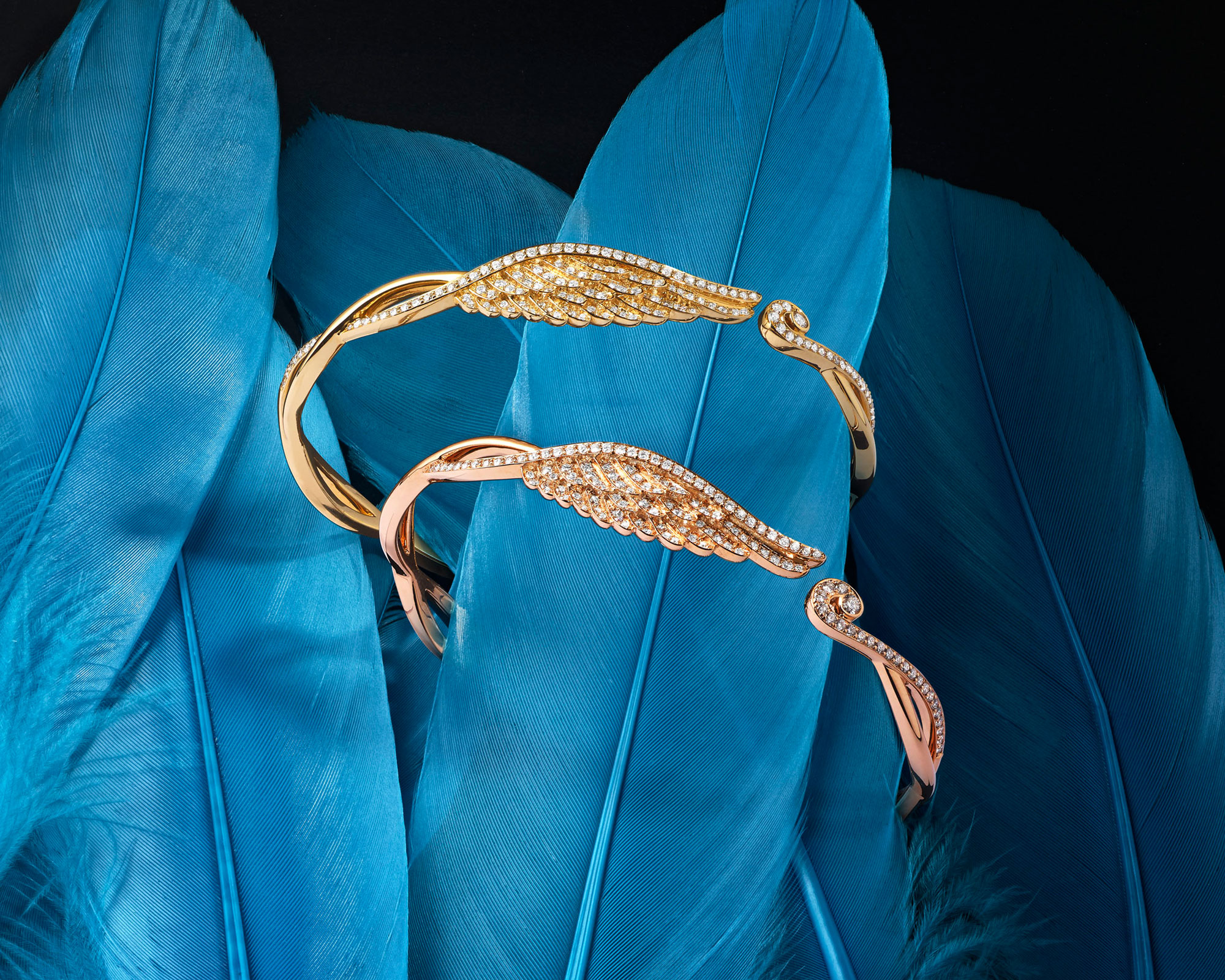 Two Garrard Wings Embrace jewellery collection Diamond Bracelet on feathers 1