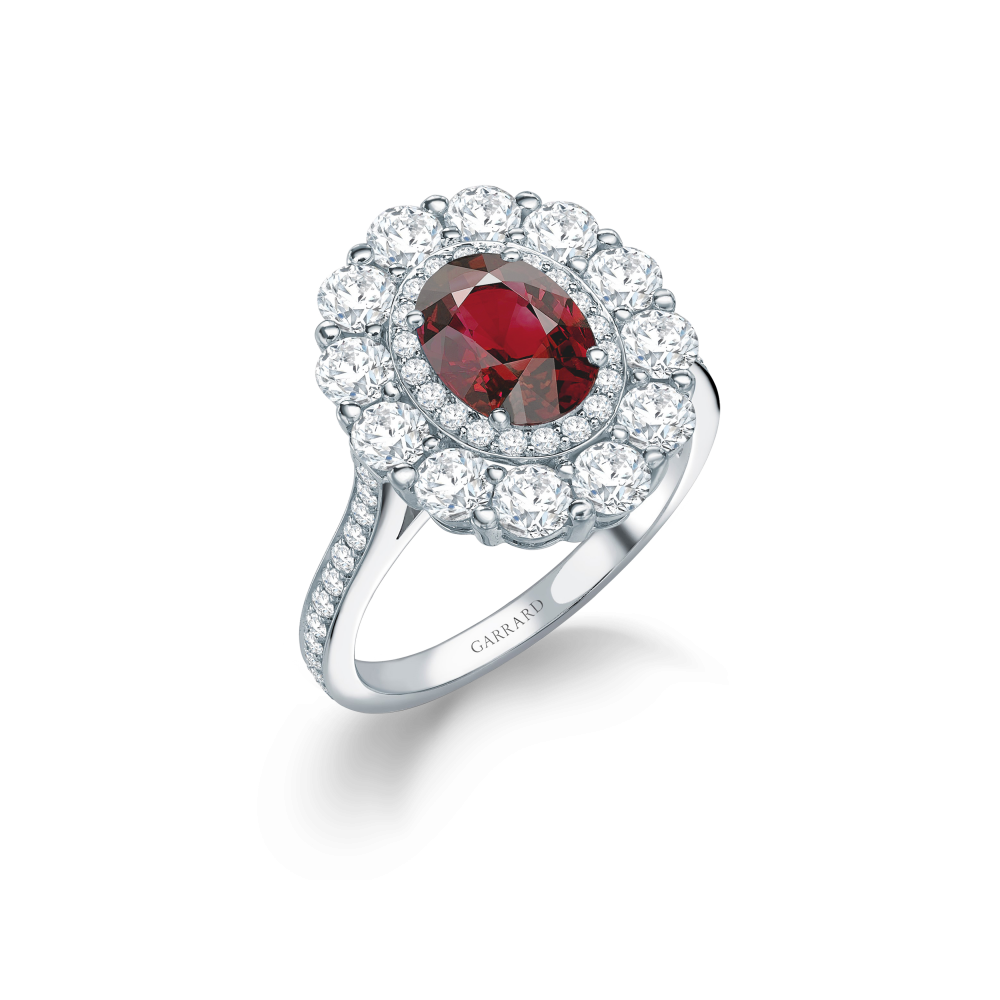 Garrard 1735 collection Double Cluster Ruby Ring in Platinum with Diamonds JR17PT08 Hero View