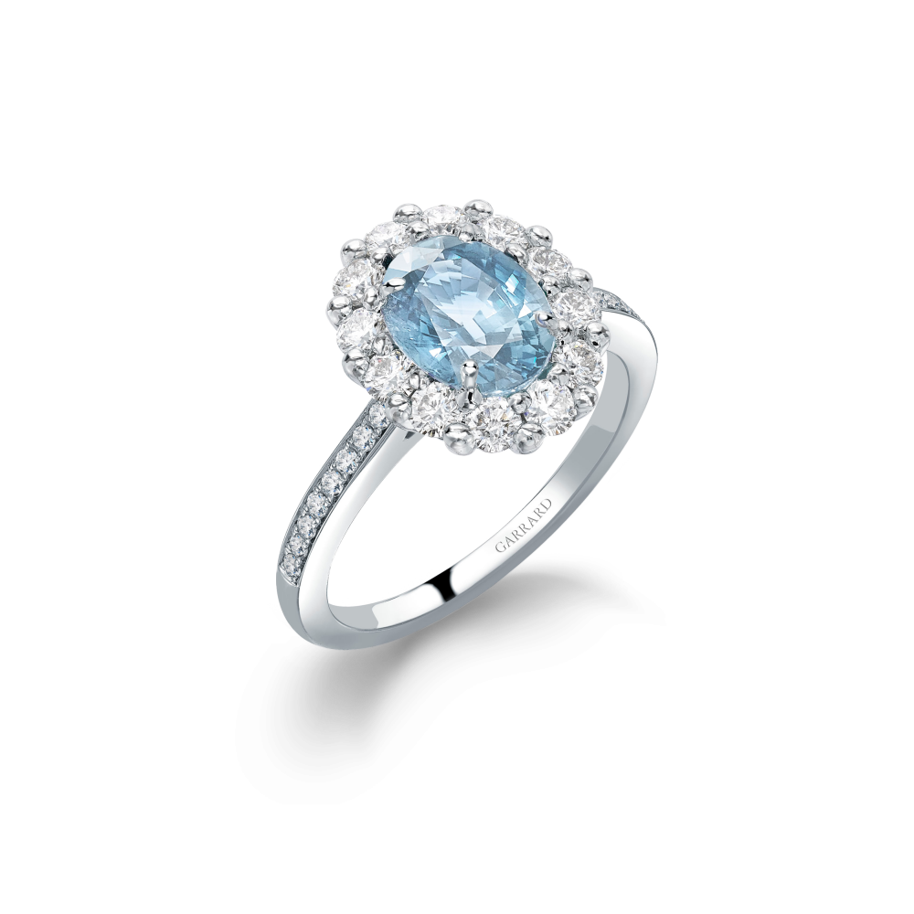 Garrard 1735 collection jewellery Aquamarine Oval Ring In Platinum with Diamonds JR17PT10 Hero View