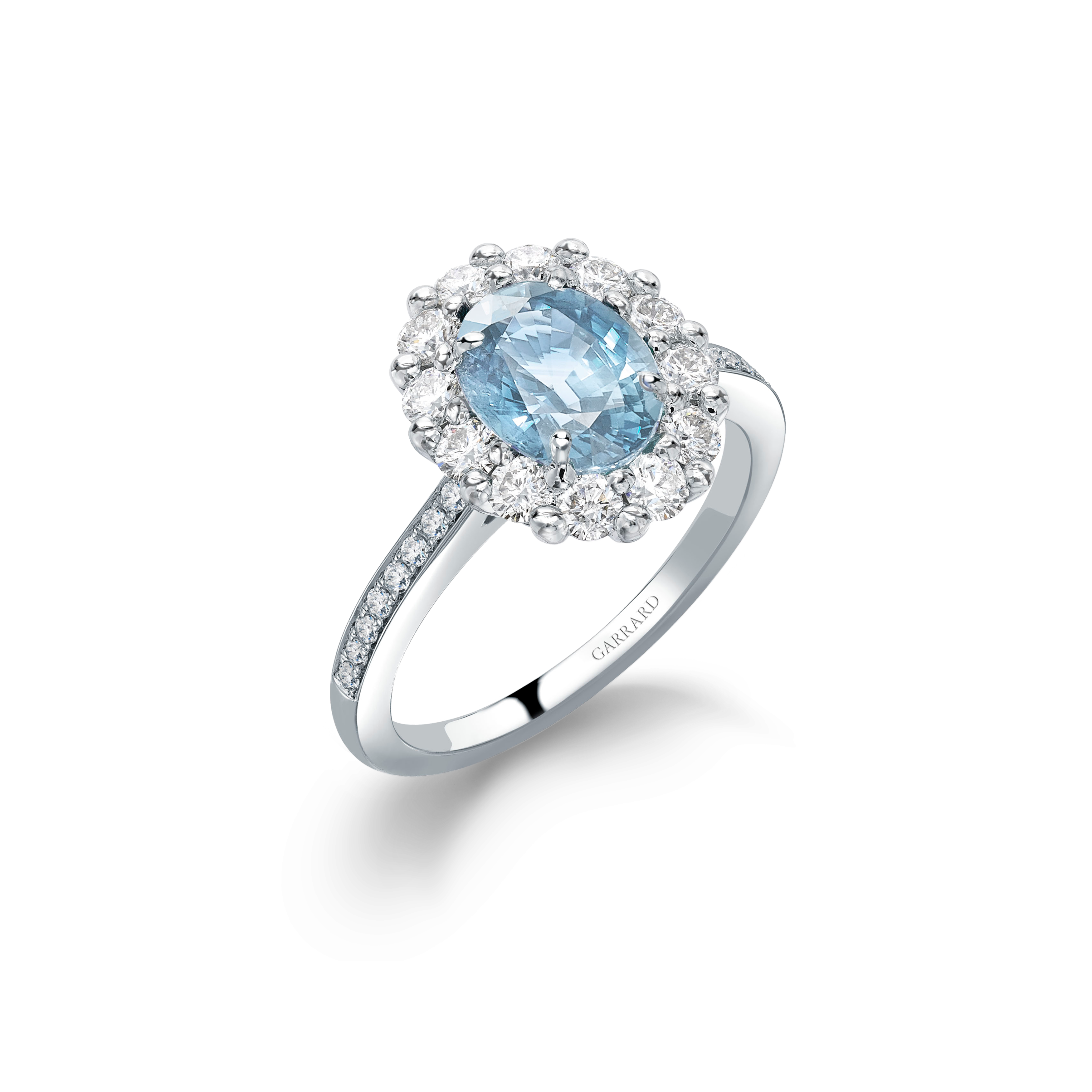 Garrard 1735 collection jewellery Aquamarine Oval Ring In Platinum with Diamonds JR17PT10 Hero View Garrard 1735 collection jewellery Aquamarine Oval Ring In Platinum with Diamonds JR17PT10 Hero View