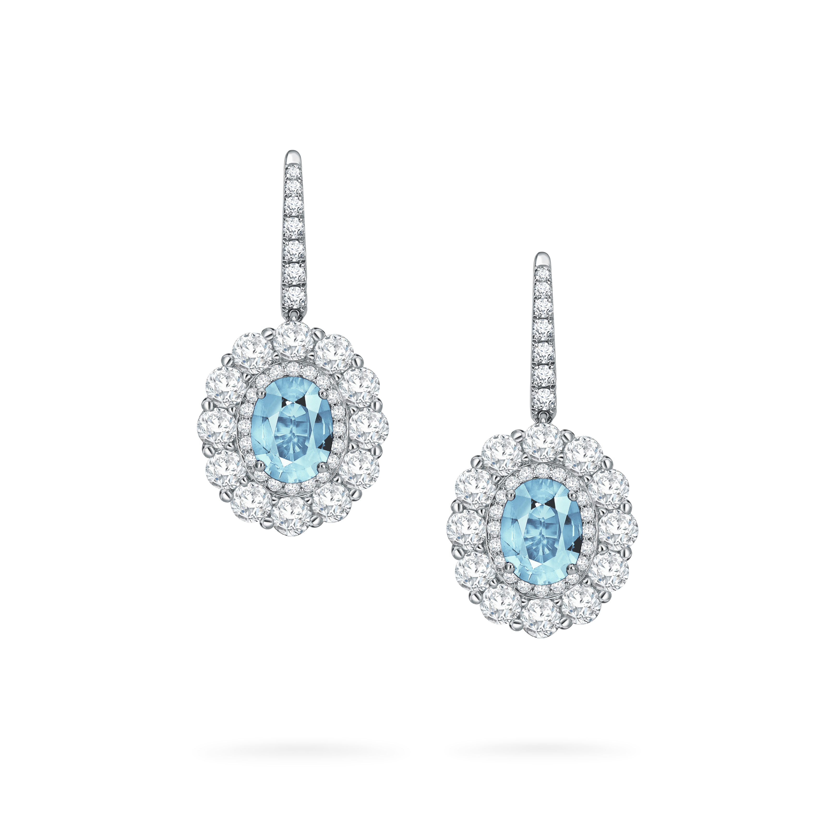 Garrard 1735 jewellery collection Aquamarine Double Cluster Earrings in platinum with Diamonds JE17PT17 Hero View Garrard 1735 jewellery collection Aquamarine Double Cluster Earrings in platinum with Diamonds JE17PT17 Hero View