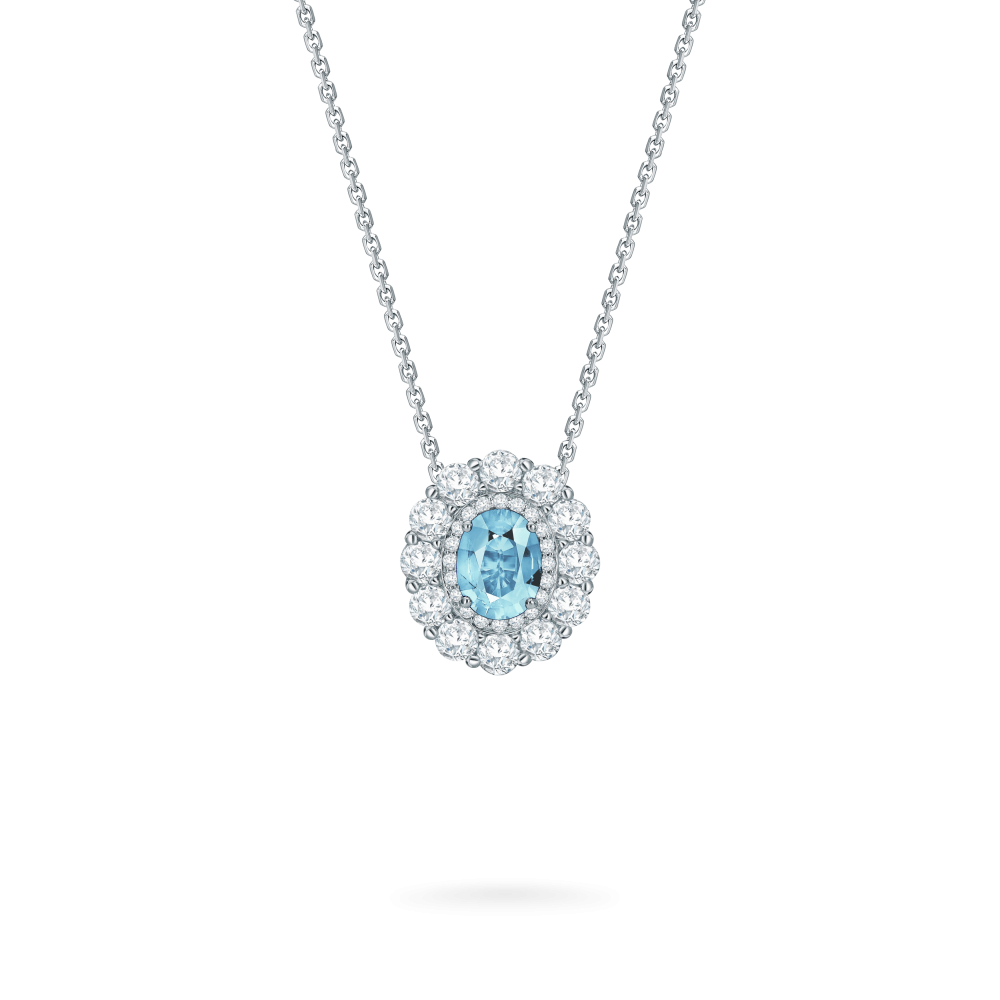 Garrard 1735 jewellery collection Aquamarine Double Cluster Pendant in Platinum with Diamonds JP17PT11 Hero View