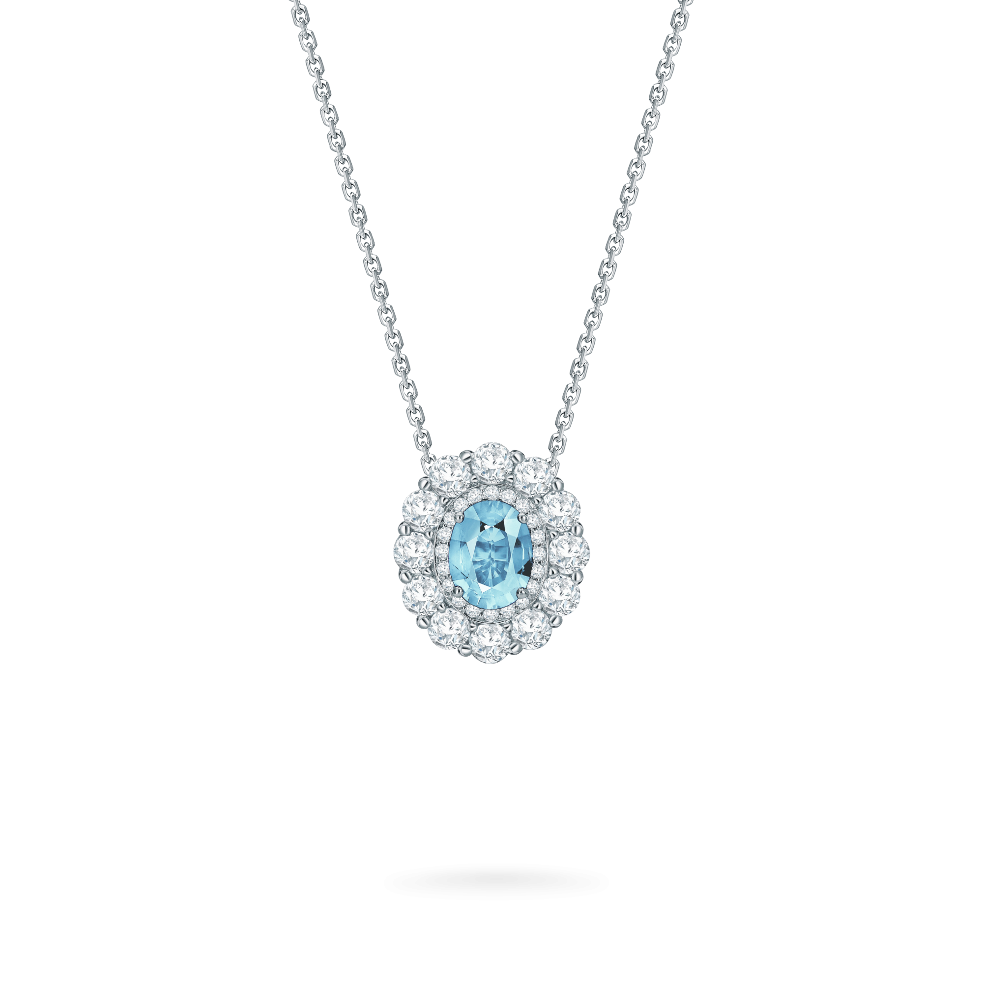Garrard 1735 jewellery collection Aquamarine Double Cluster Pendant in Platinum with Diamonds JP17PT11 Hero View
