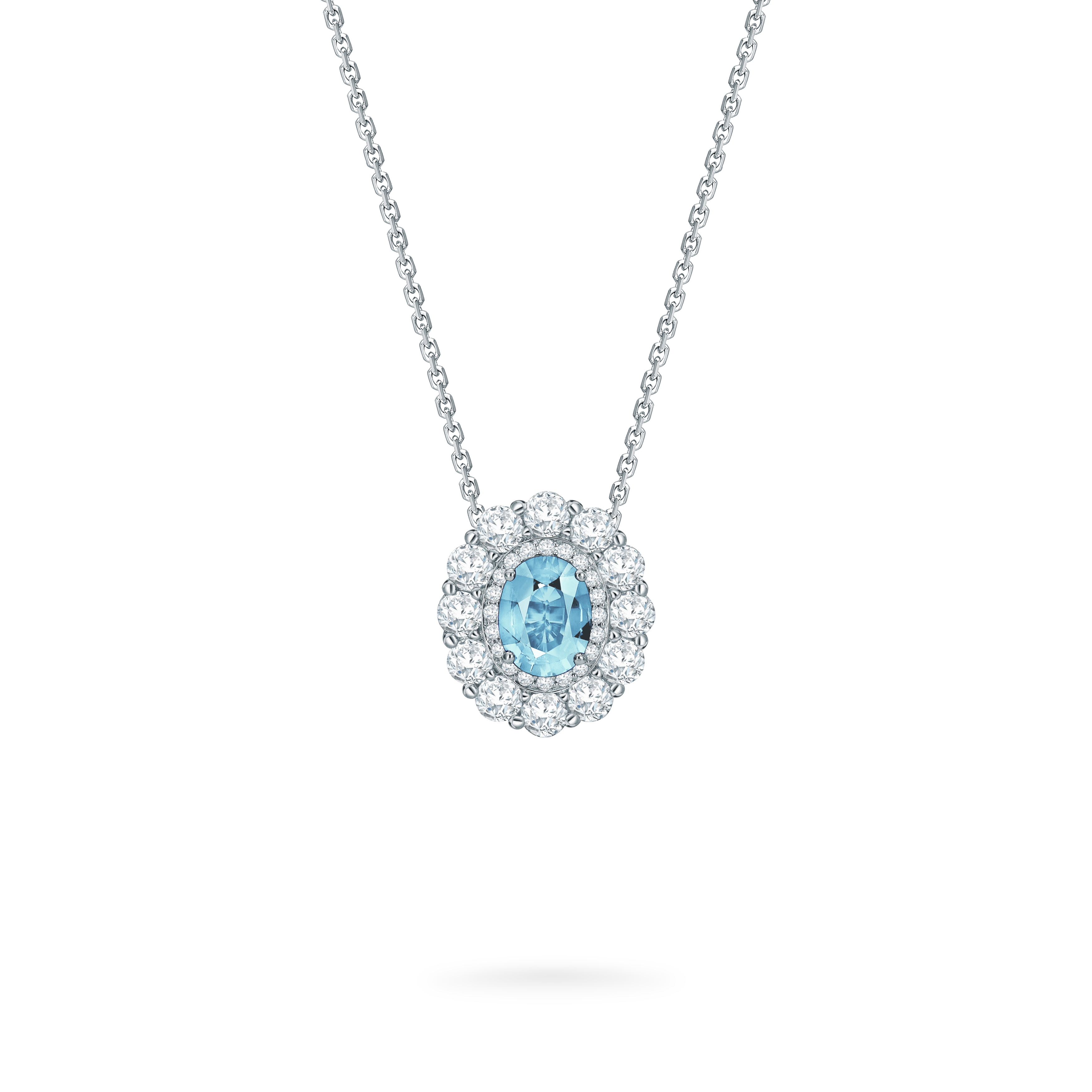 Garrard 1735 jewellery collection Aquamarine Double Cluster Pendant in Platinum with Diamonds JP17PT11 Hero View Garrard 1735 jewellery collection Aquamarine Double Cluster Pendant in Platinum with Diamonds JP17PT11 Hero View