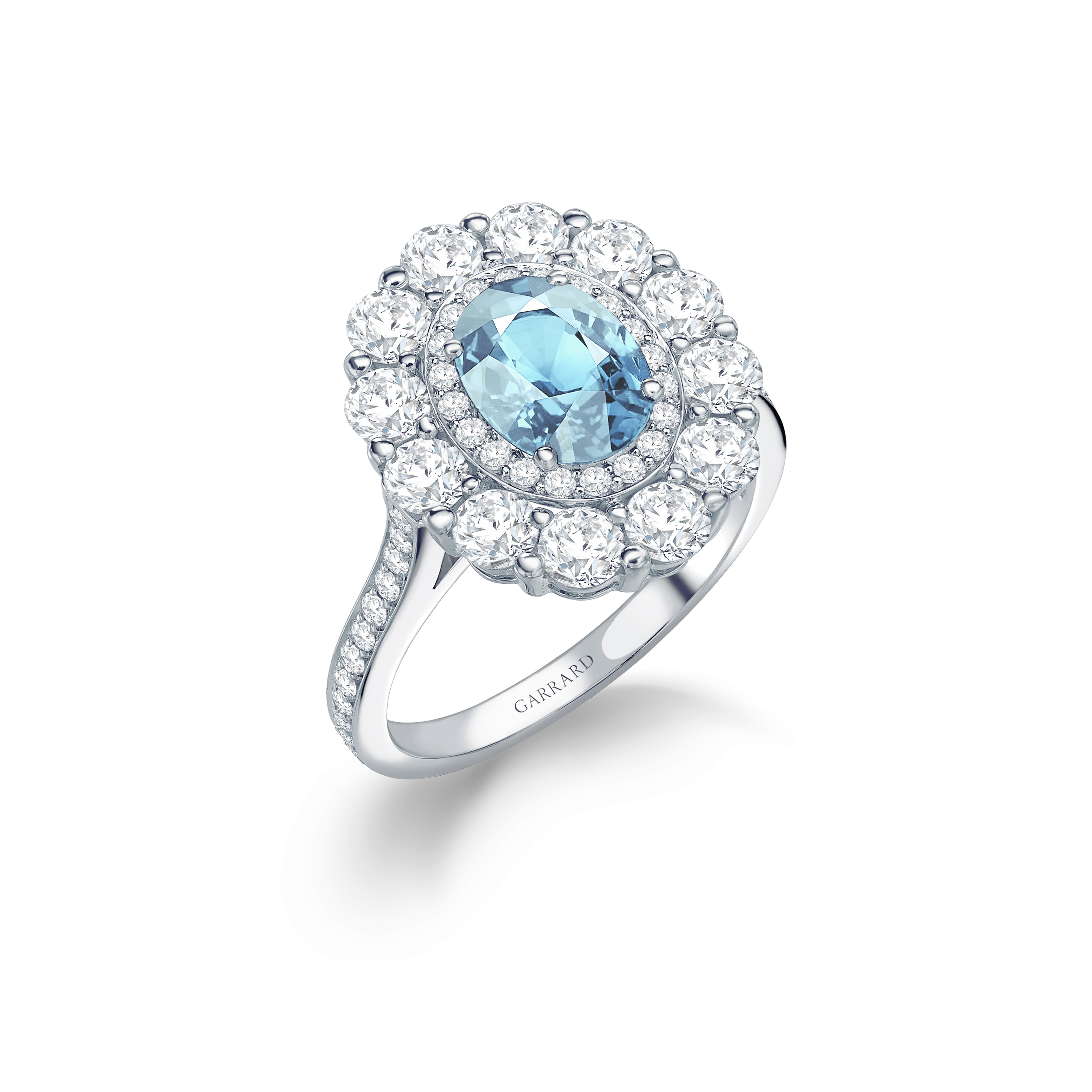Garrard 1735 jewellery collection Aquamarine Double Cluster Ring In Platinum with Diamonds JR17PT11 Hero View Garrard 1735 jewellery collection Aquamarine Double Cluster Ring In Platinum with Diamonds JR17PT11 Hero View