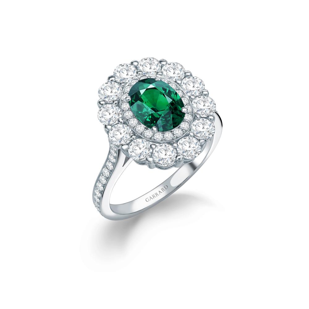 Garrard 1735 jewellery collection Emerald Oval Double Cluster Ring In Platinium with Diamonds JR17PT07 Hero View