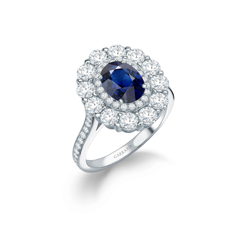 Garrard 1735 jewellery collection Sapphire Double Cluster Ring In Platinum with Diamonds JR17PT09 Hero View.