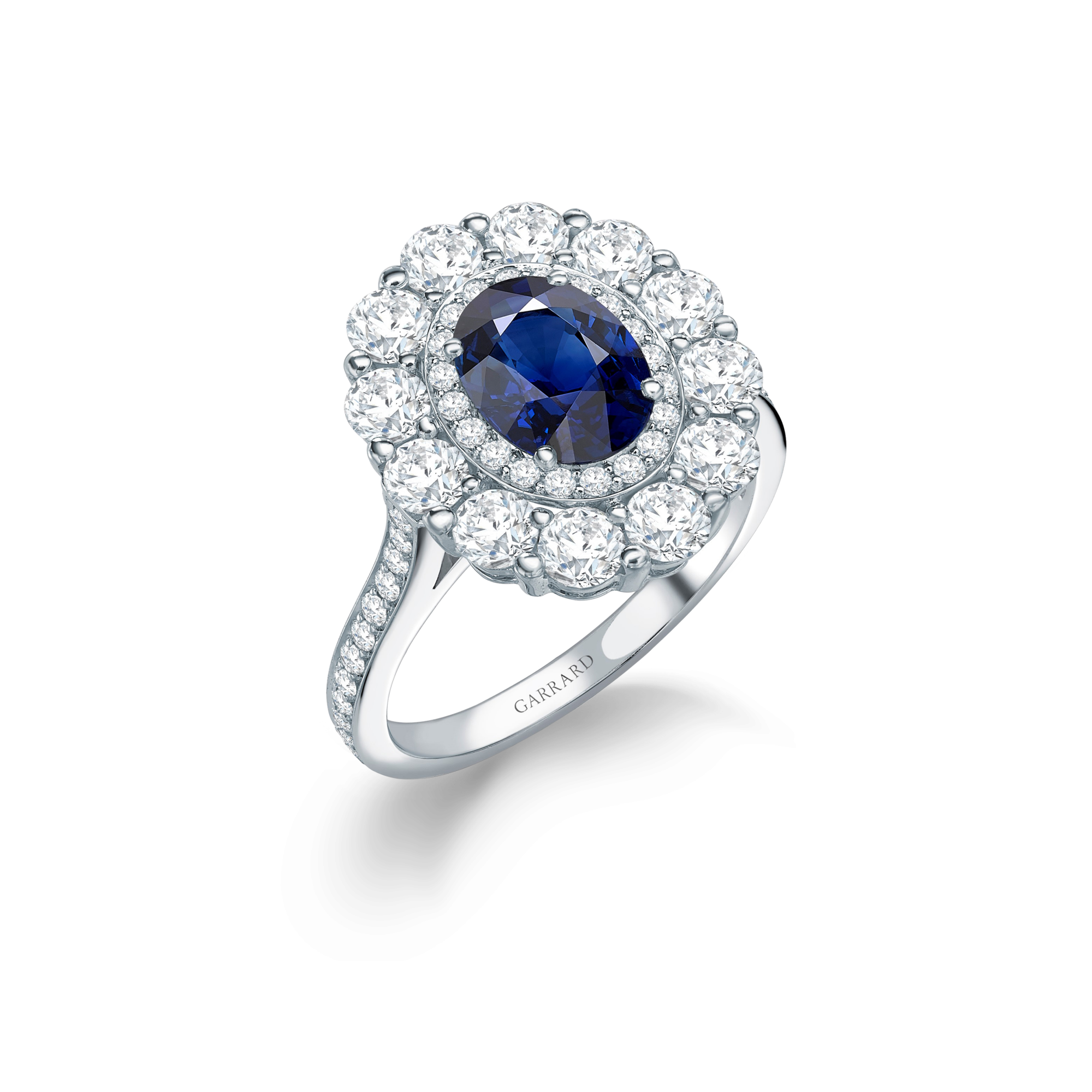 Garrard 1735 jewellery collection Sapphire Double Cluster Ring In Platinum with Diamonds JR17PT09 Hero View.