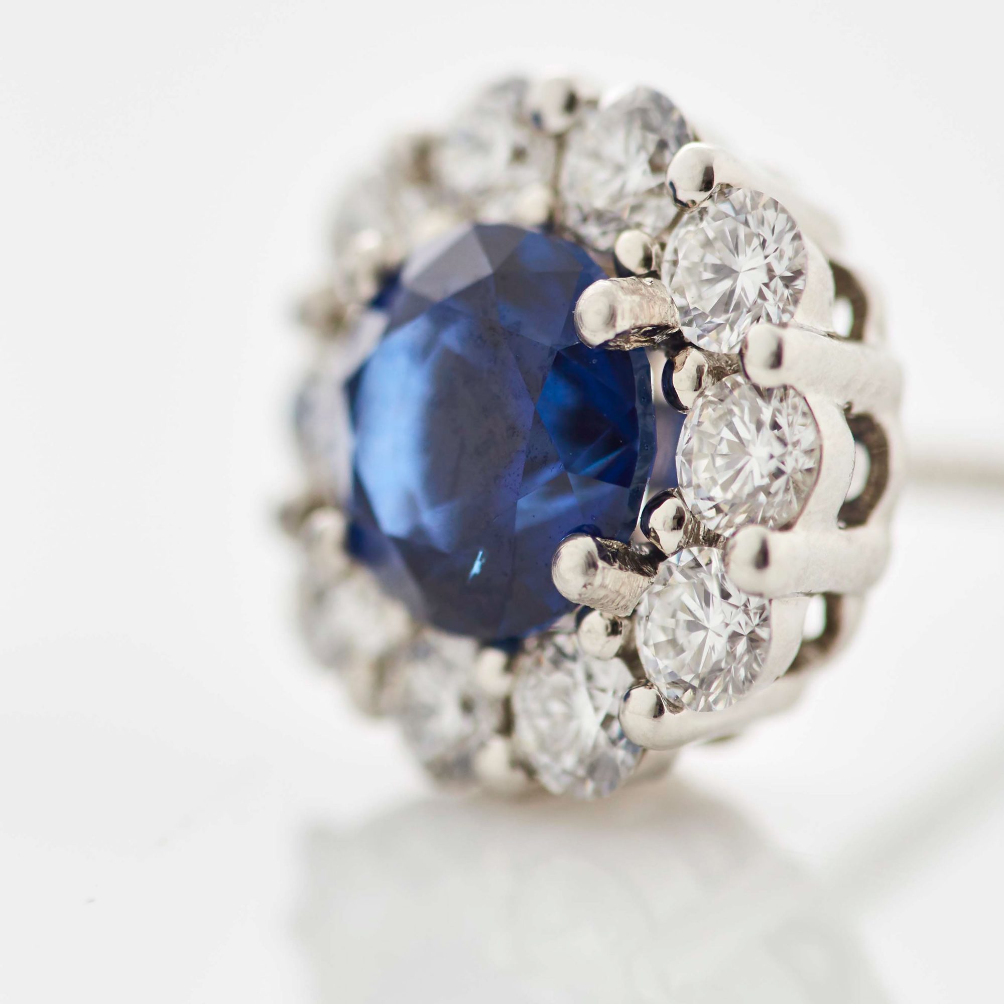 Garrard 1735 jewellery collection sapphire round stud earrings in platinum with diamonds JE17PT06 Detail View