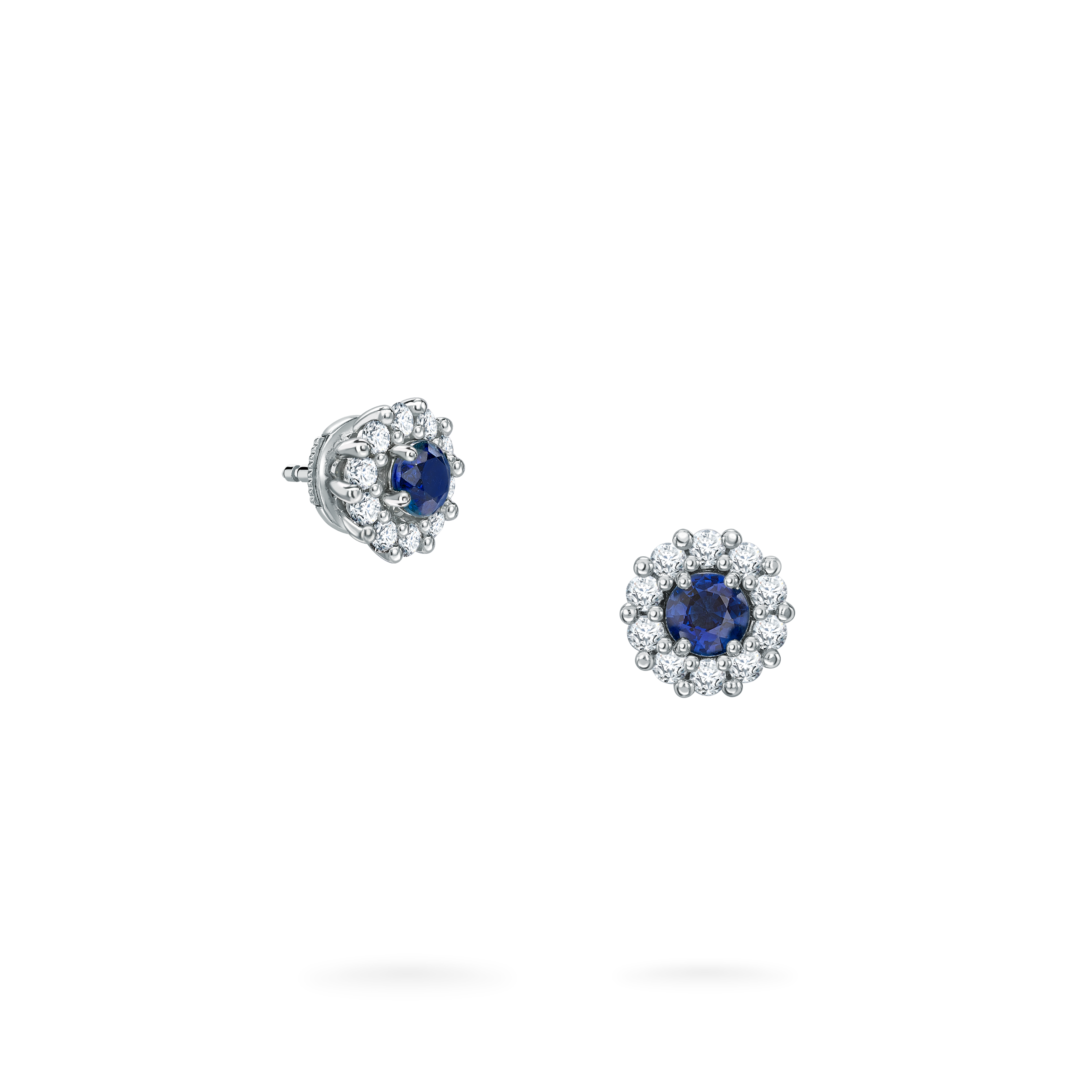 Garrard 1735 jewellery collection sapphire round stud earrings in platinum with diamonds JE17PT06 Hero View Garrard 1735 jewellery collection sapphire round stud earrings in platinum with diamonds JE17PT06 Hero View