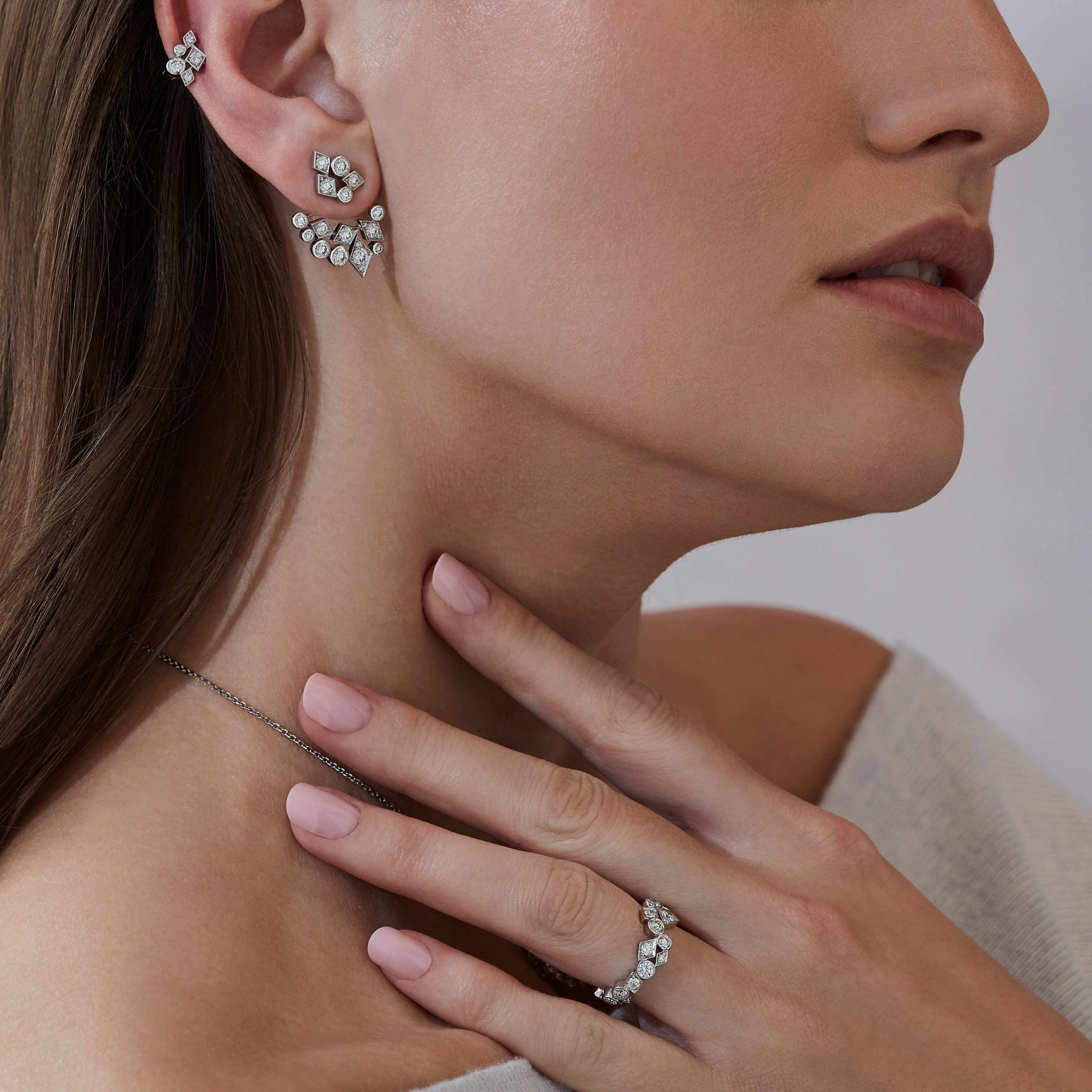 Garrard Albemarle Abstract jewellery Collection Diamond Ear Jackets In 18ct White Gold 2017413 and earrings On Model Garrard Albemarle Abstract jewellery Collection Diamond Ear Jackets In 18ct White Gold 2017413 and earrings On Model