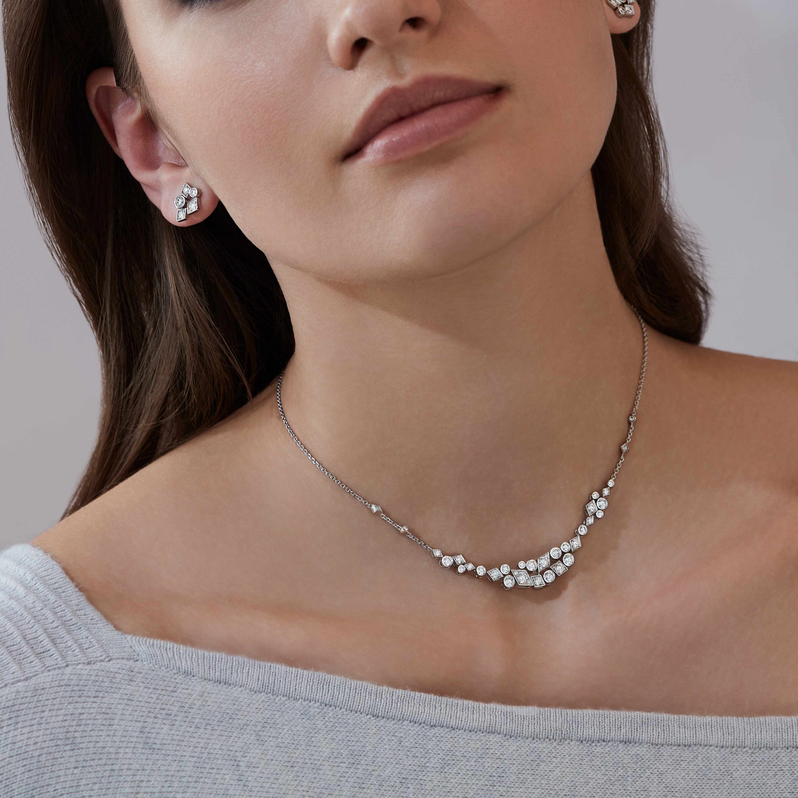 Garrard Albemarle Abstract jewellery Collection Diamond Necklace 2017422 and earrings On Model Garrard Albemarle Abstract jewellery Collection Diamond Necklace 2017422 and earrings On Model