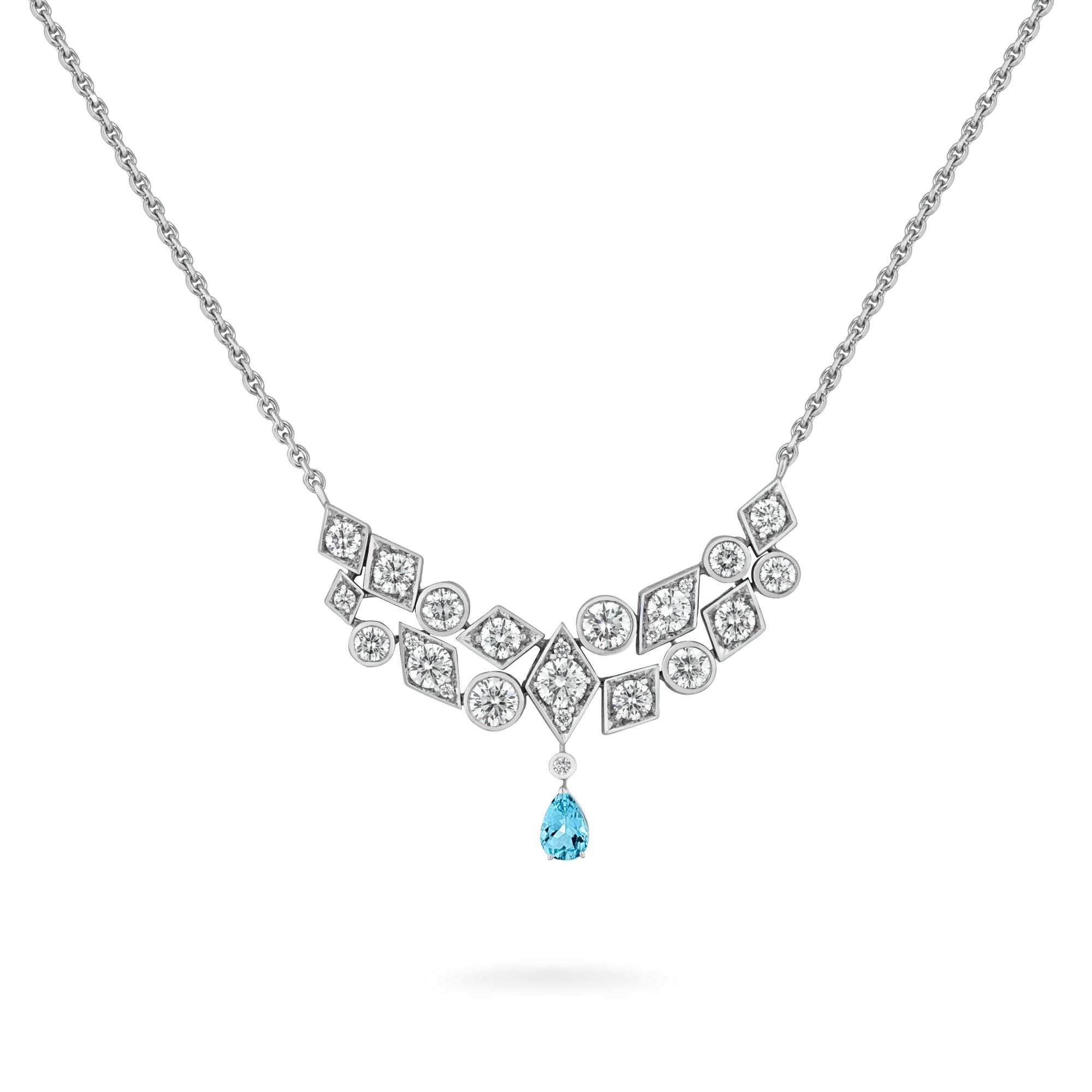 Garrard Albemarle Abstract jewellery Collection transformable diamond necklace in 18ct white gold Aquamarine drop 2017419 2017421 Hero View