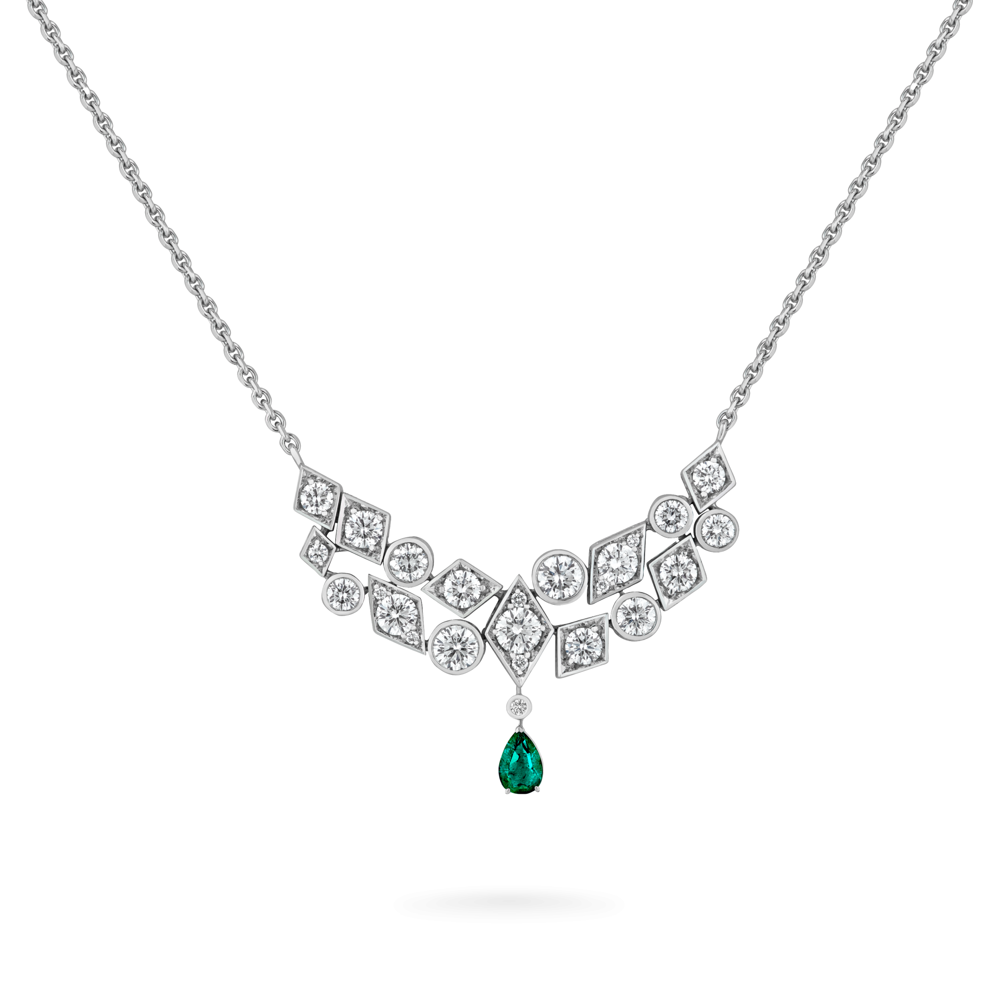 Garrard Albemarle Abstract jewellery Collection transformable diamond necklace in 18ct white gold emerald drop 2017419 2017420 Hero