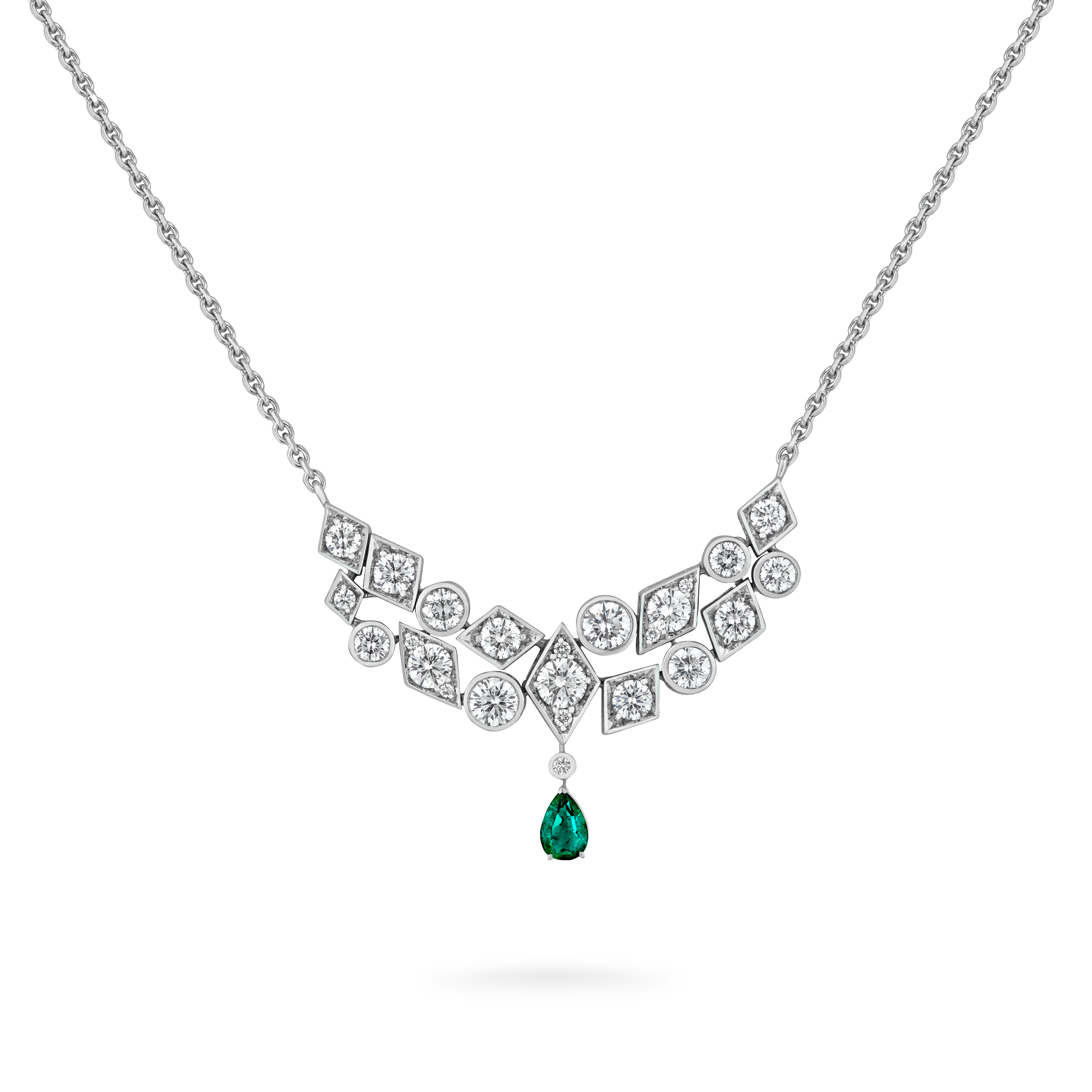 Garrard Albemarle Abstract jewellery Collection transformable diamond necklace in 18ct white gold emerald drop 2017419 2017420 Hero Garrard Albemarle Abstract jewellery Collection transformable diamond necklace in 18ct white gold emerald drop 2017419 2017420 Hero