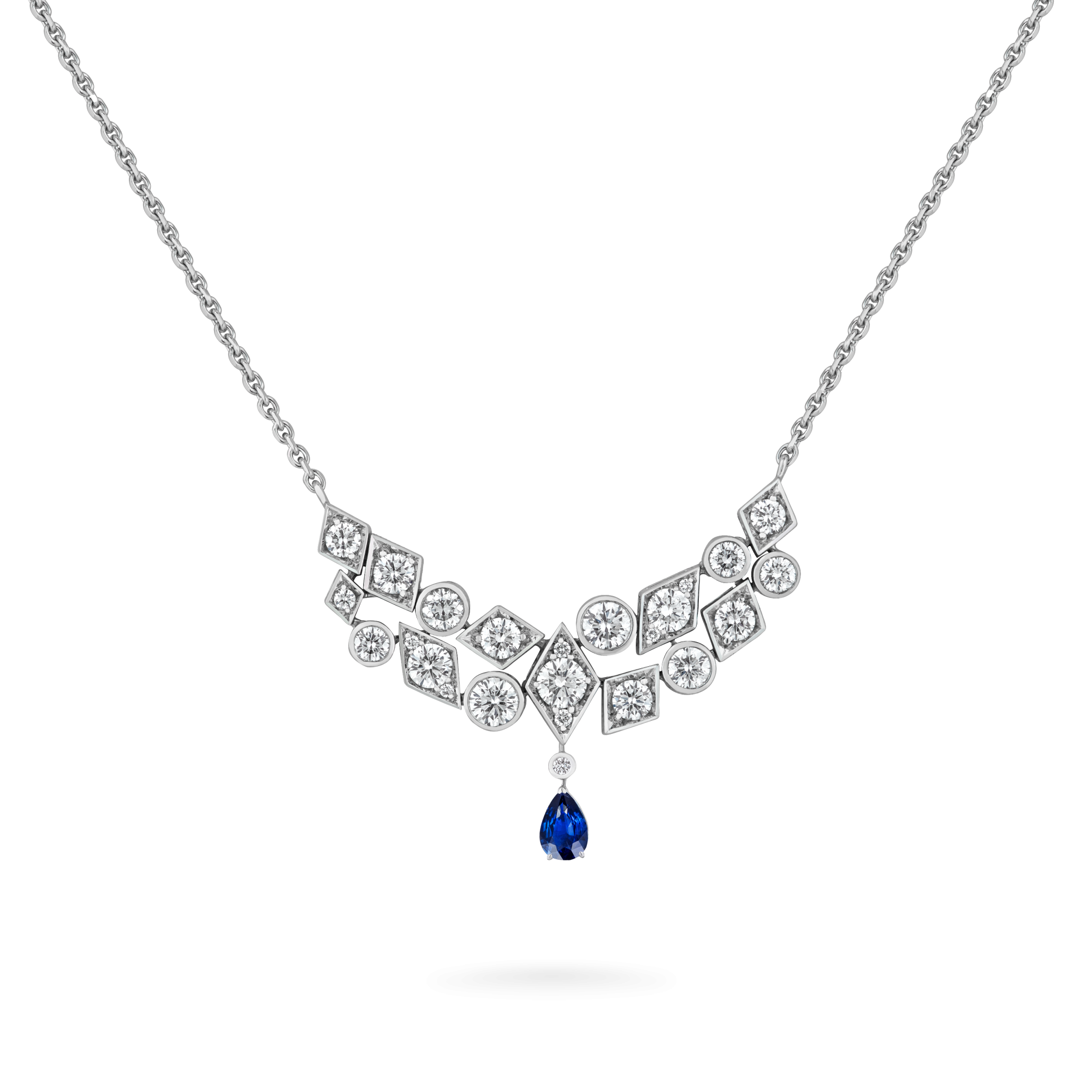Garrard Albemarle Abstract jewellery Collection transformable diamond necklace in 18ct white gold sapphire drop 2017419 2017500 Hero