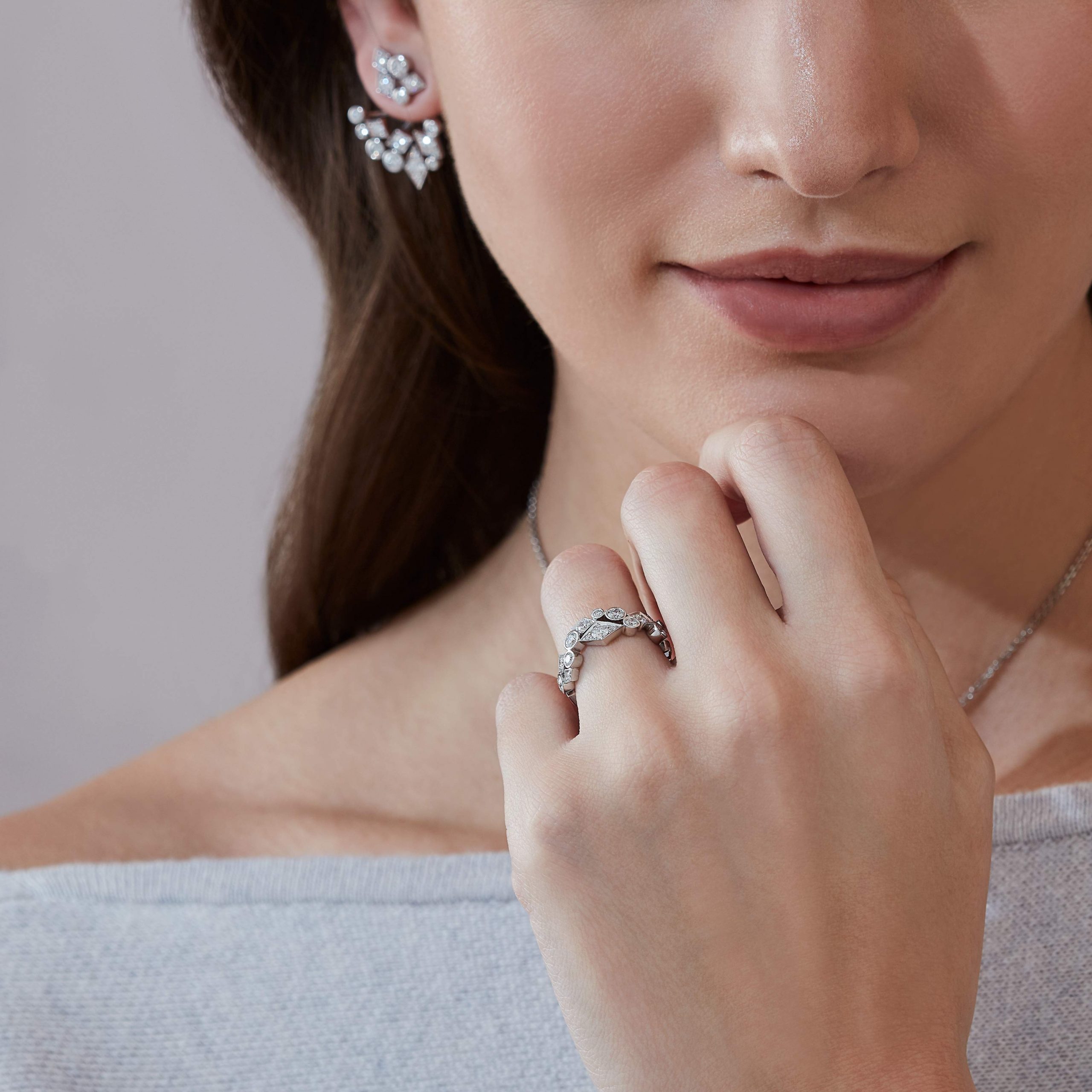 Garrard Albemarle Abstract jewellery collection Diamond Ring In 18ct White Gold 2017424 and earrings On Model Garrard Albemarle Abstract jewellery collection Diamond Ring In 18ct White Gold 2017424 and earrings On Model