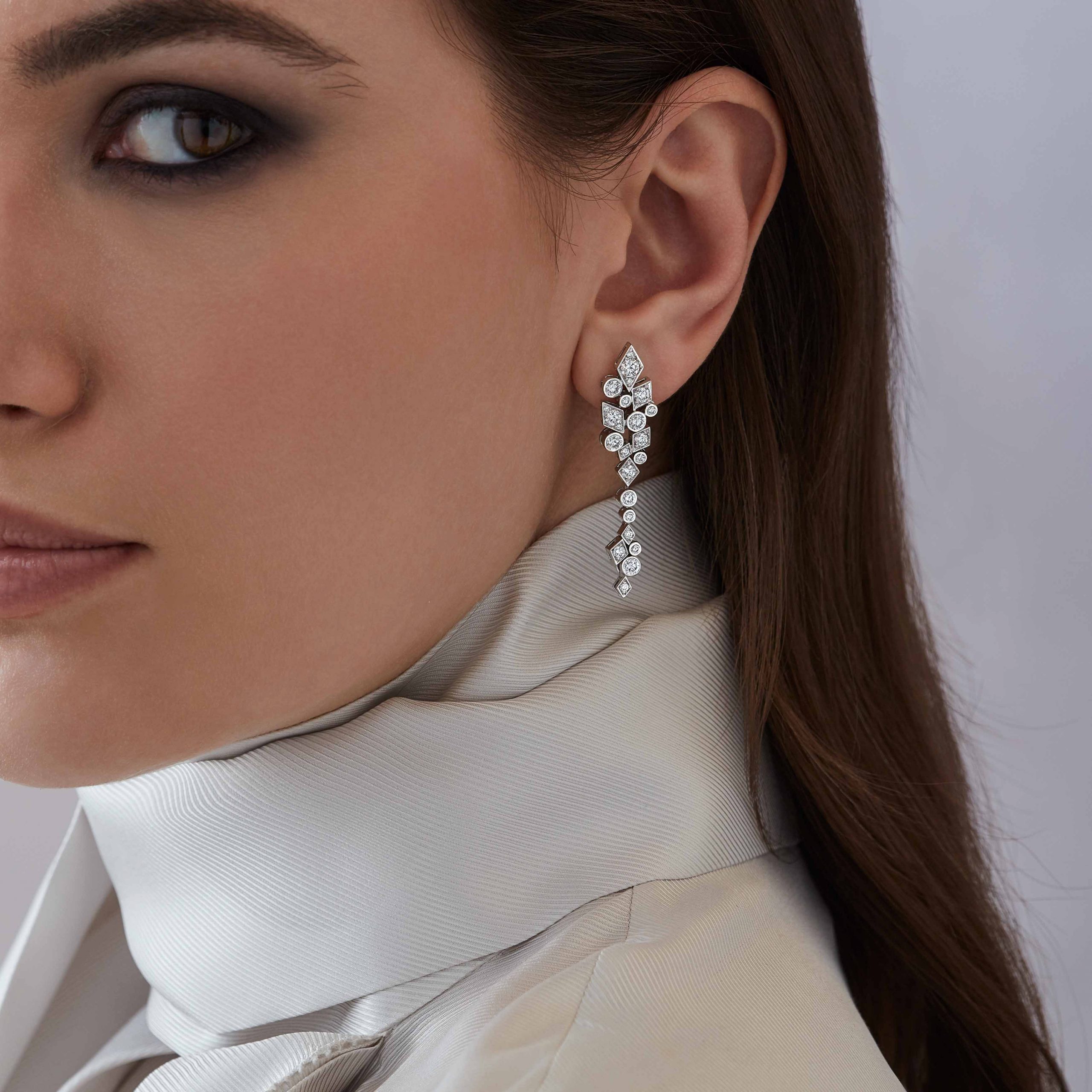 Garrard Albemarle Abstract jewellery collection Transformable Diamond Earrings In 18ct White Gold 2017415 On Model Garrard Albemarle Abstract jewellery collection Transformable Diamond Earrings In 18ct White Gold 2017415 On Model