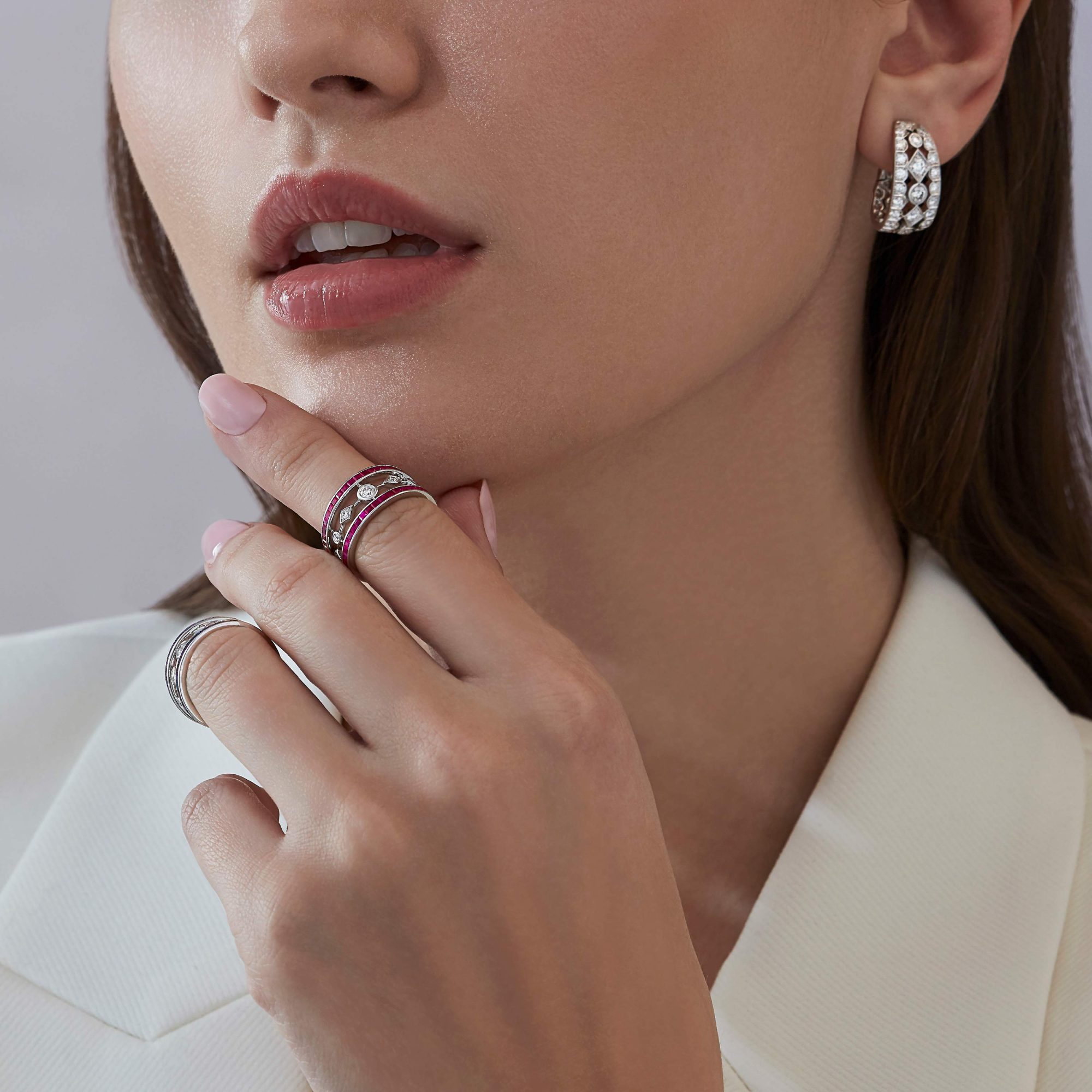 Garrard Albemarle jewellery Collection Ruby and Diamond Band In 18ct White Gold 2016062 and earrings On Model