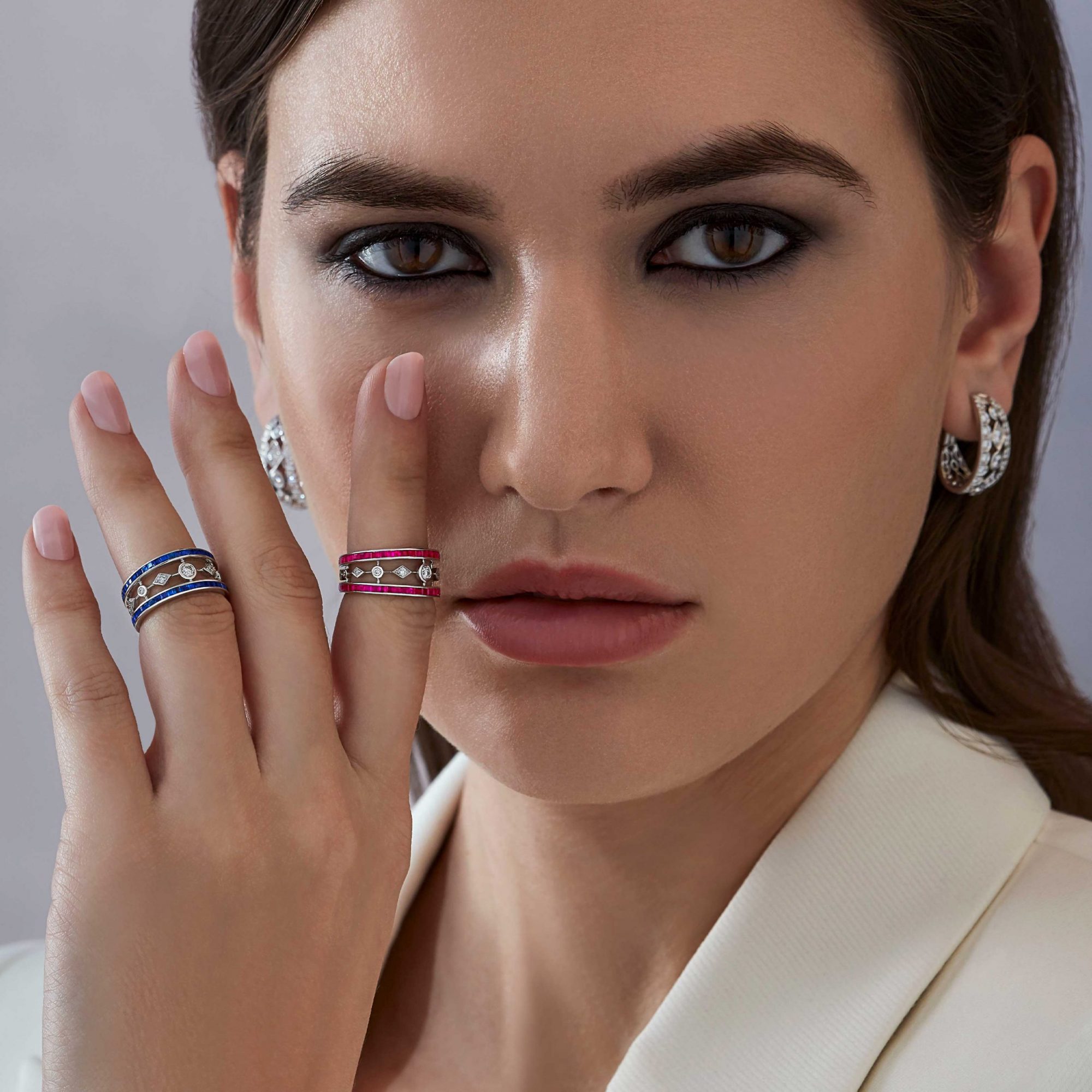Garrard Albemarle jewellery Collection Sapphire and Diamond Band In 18ct White Gold 2015959 ruby band and earrings On Model