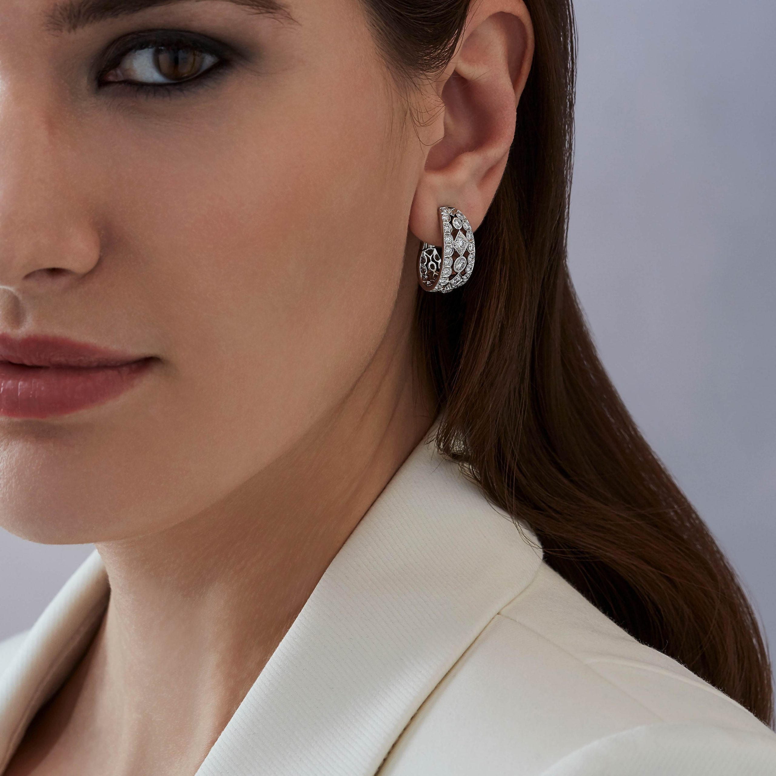 Garrard Albemarle jewellery Collection White Diamond wrap Earrings in 18ct white gold 2013219 On Model Garrard Albemarle jewellery Collection White Diamond wrap Earrings in 18ct white gold 2013219 On Model