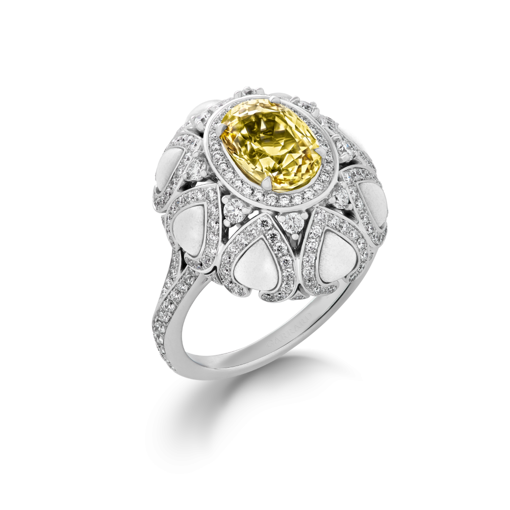 Garrard Aloria Collection yellow sapphire cocktail ring in 18ct white gold with diamonds and cacholong Opal 2017145 Hero