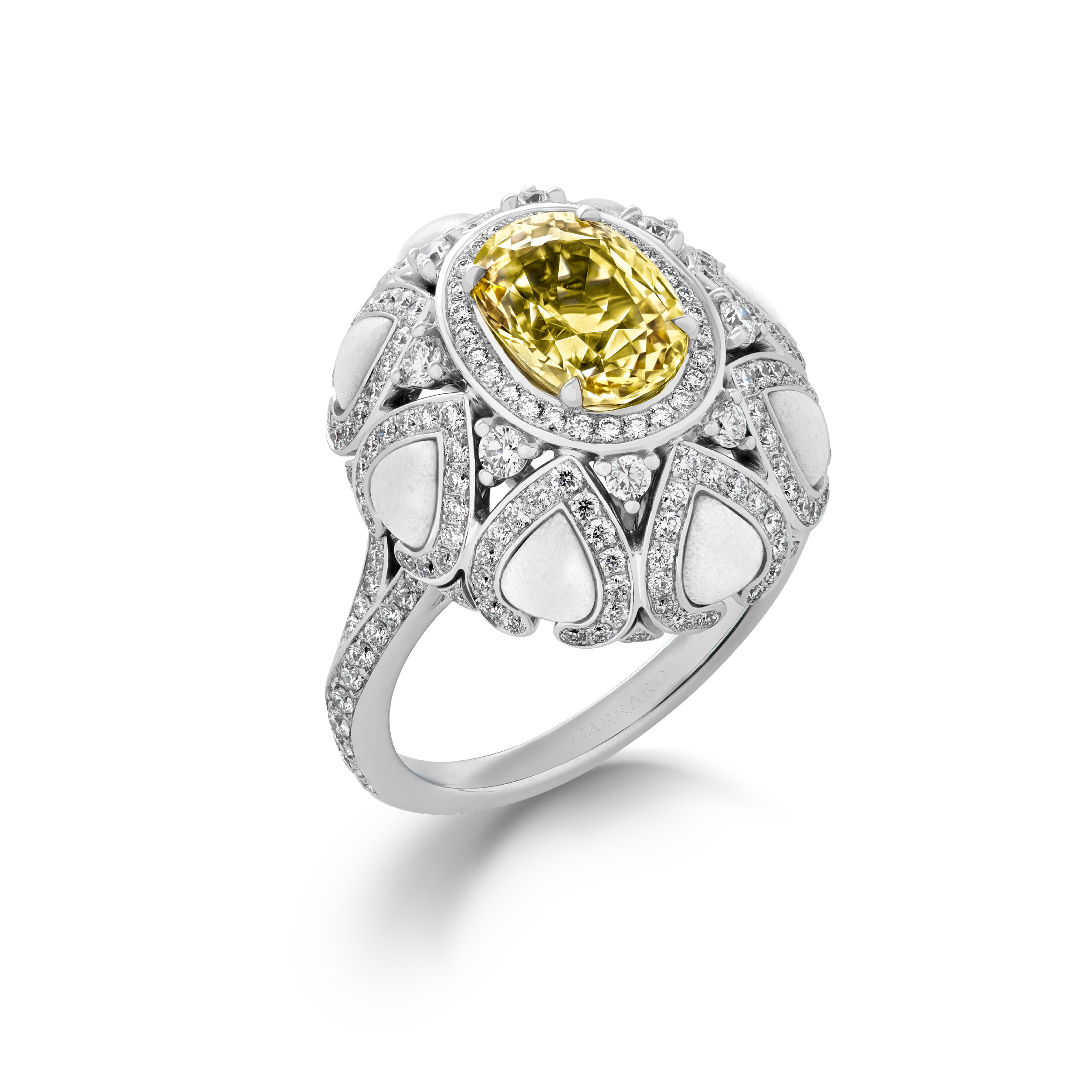 Garrard Aloria Collection yellow sapphire cocktail ring in 18ct white gold with diamonds and cacholong Opal 2017145 Hero Garrard Aloria Collection yellow sapphire cocktail ring in 18ct white gold with diamonds and cacholong Opal 2017145 Hero
