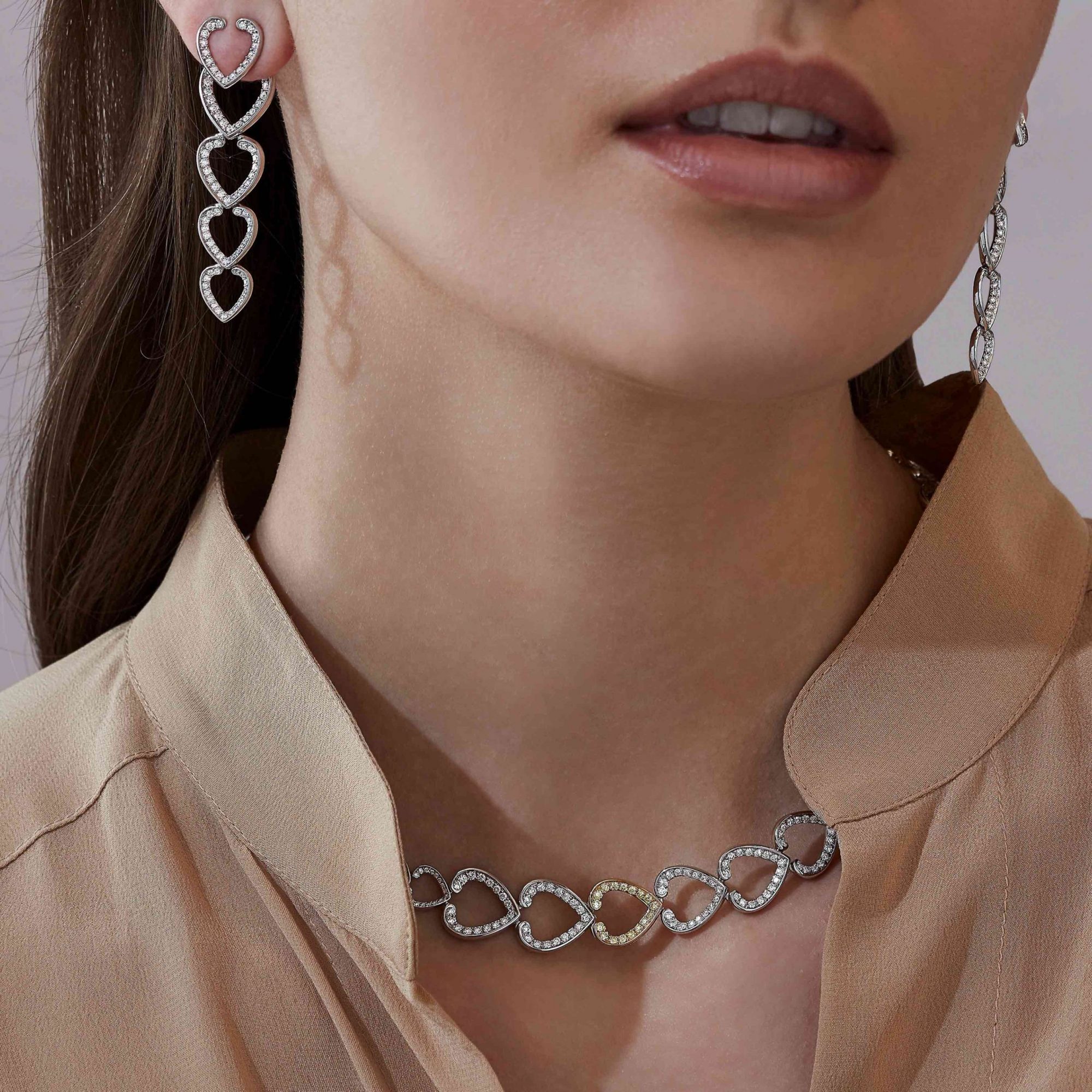 Garrard Aloria collection Interchangeable Necklace with White Pink and Yellow Diamond Motifs 2016921 and earrinngs On Model