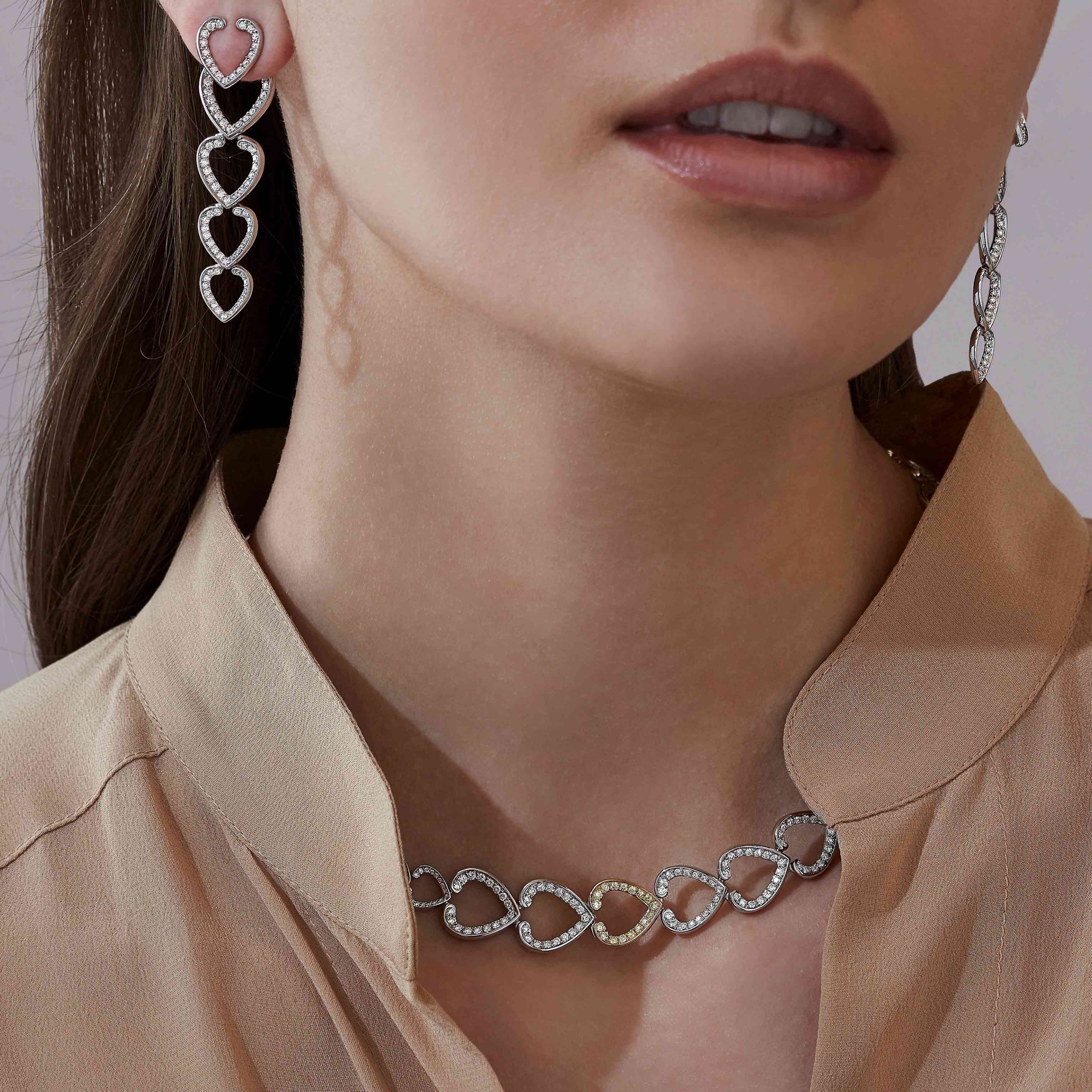 Garrard Aloria collection Interchangeable Necklace with White Pink and Yellow Diamond Motifs 2016921 and earrinngs On Model Garrard Aloria collection Interchangeable Necklace with White Pink and Yellow Diamond Motifs 2016921 and earrinngs On Model