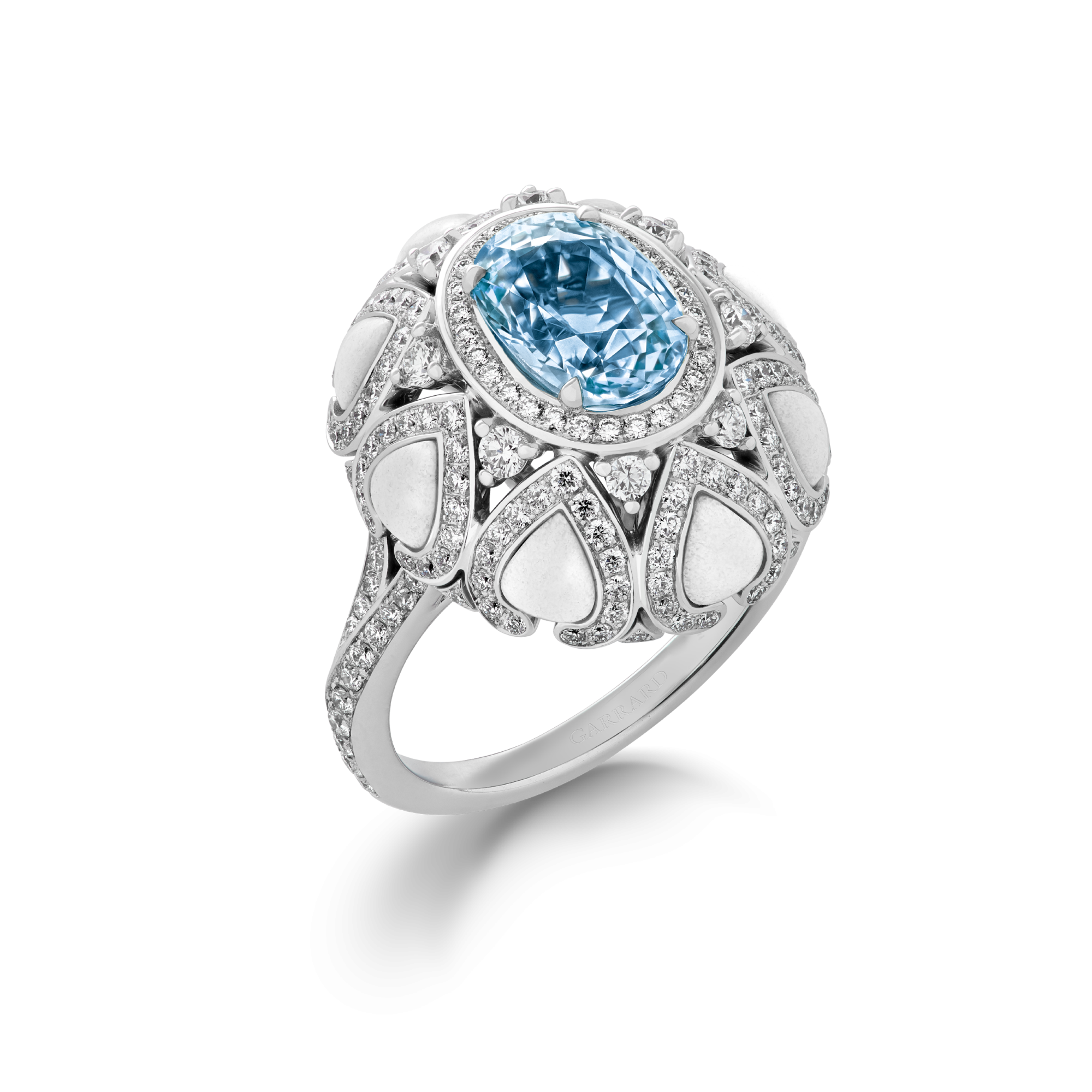 Garrard Aloria jewellery collection Aquamarine Cocktail Ring In 18ct White Gold with Diamonds and Cacholong Opal 2017454 Hero